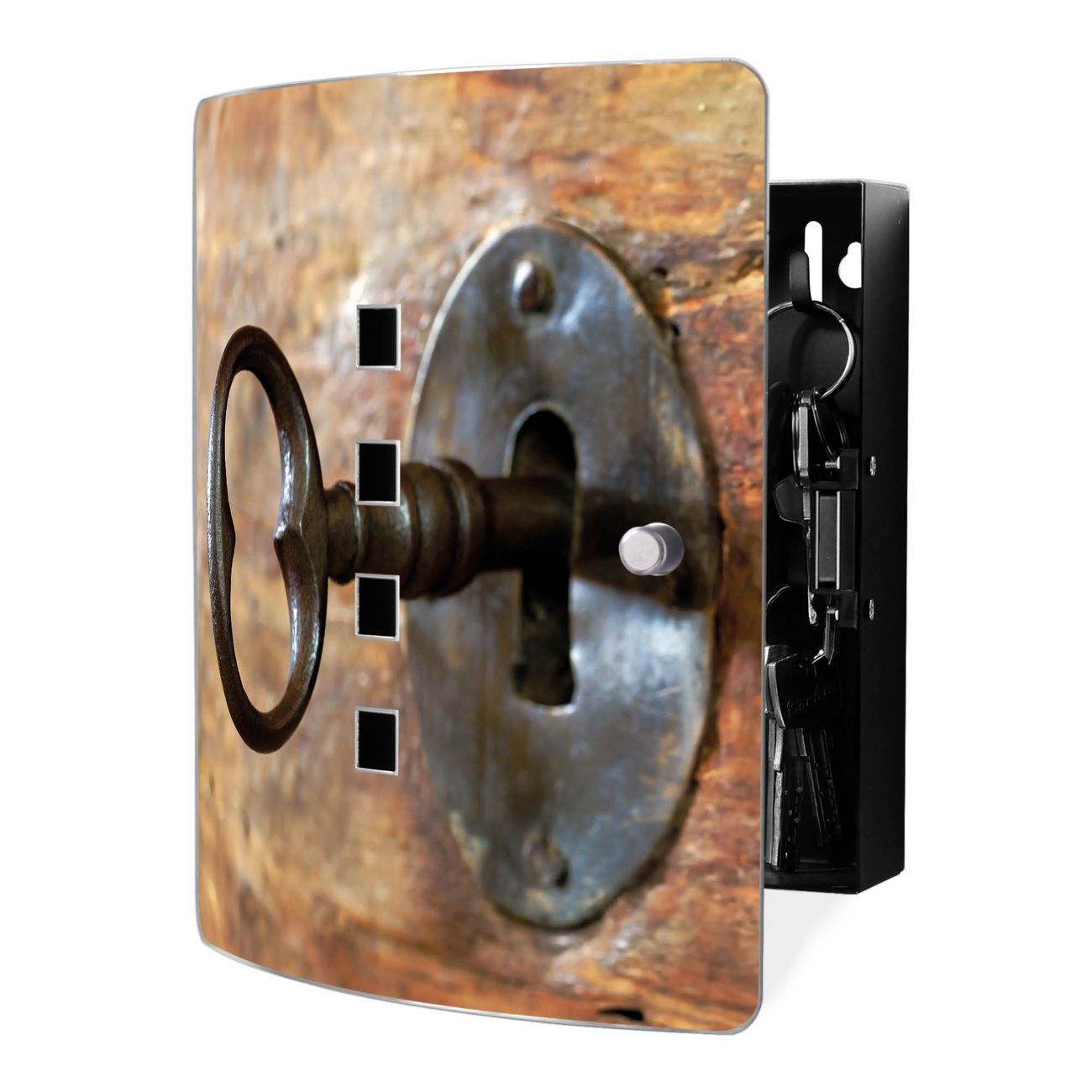 banjado Design Schlüsselkasten mit Edelstahl Tür und Motiv Schlüssel Schlüsselschrank zur Schlüsselaufbewahrung groß mit Magnetverschluss Zierlöcher