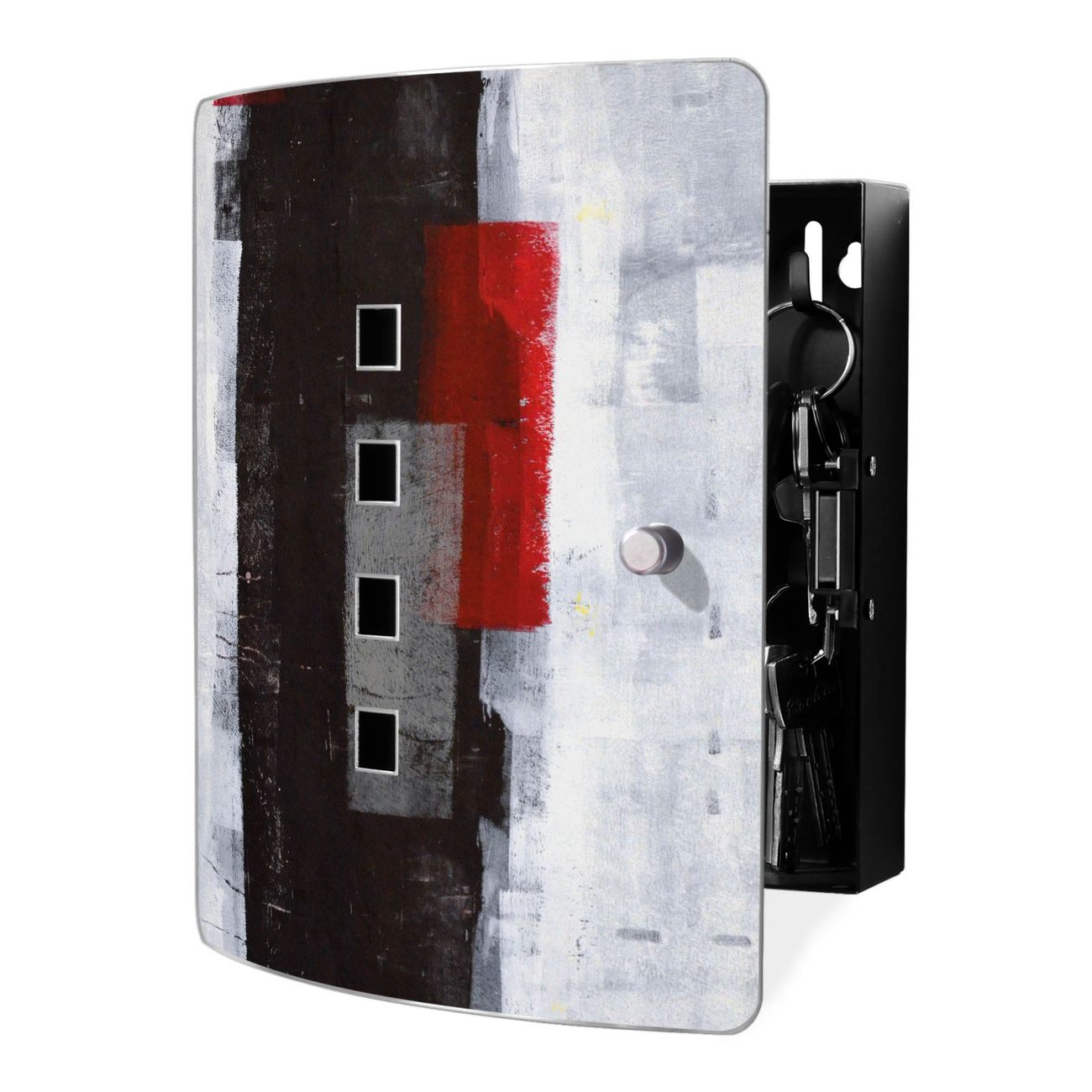 banjado Design Schlüsselkasten mit Edelstahl Tür und Motiv Abstrakt Rot Schlüsselschrank zur Schlüsselaufbewahrung groß mit Magnetverschluss Zierlöcher