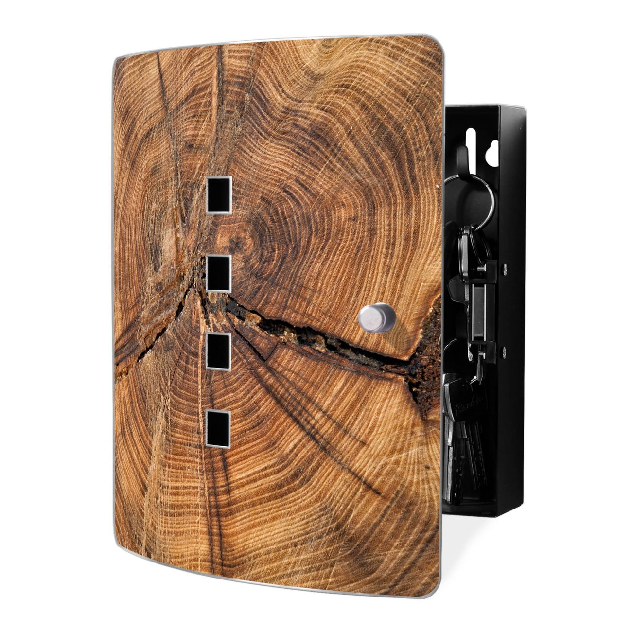 banjado Design Schlüsselkasten mit Edelstahl Tür und Motiv Jahresringe Schlüsselschrank zur Schlüsselaufbewahrung groß mit Magnetverschluss Zierlöcher