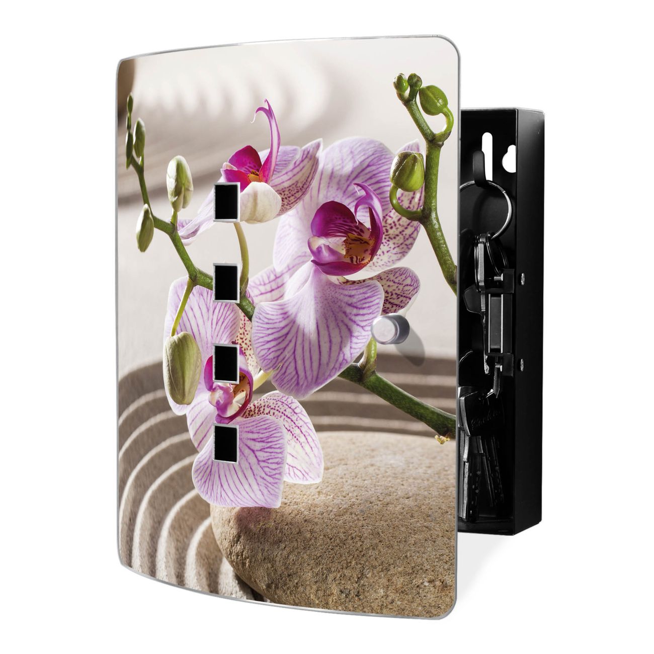 banjado Design Schlüsselkasten mit Edelstahl Tür und Motiv Zen Relax Schlüsselschrank zur Schlüsselaufbewahrung groß mit Magnetverschluss Zierlöcher