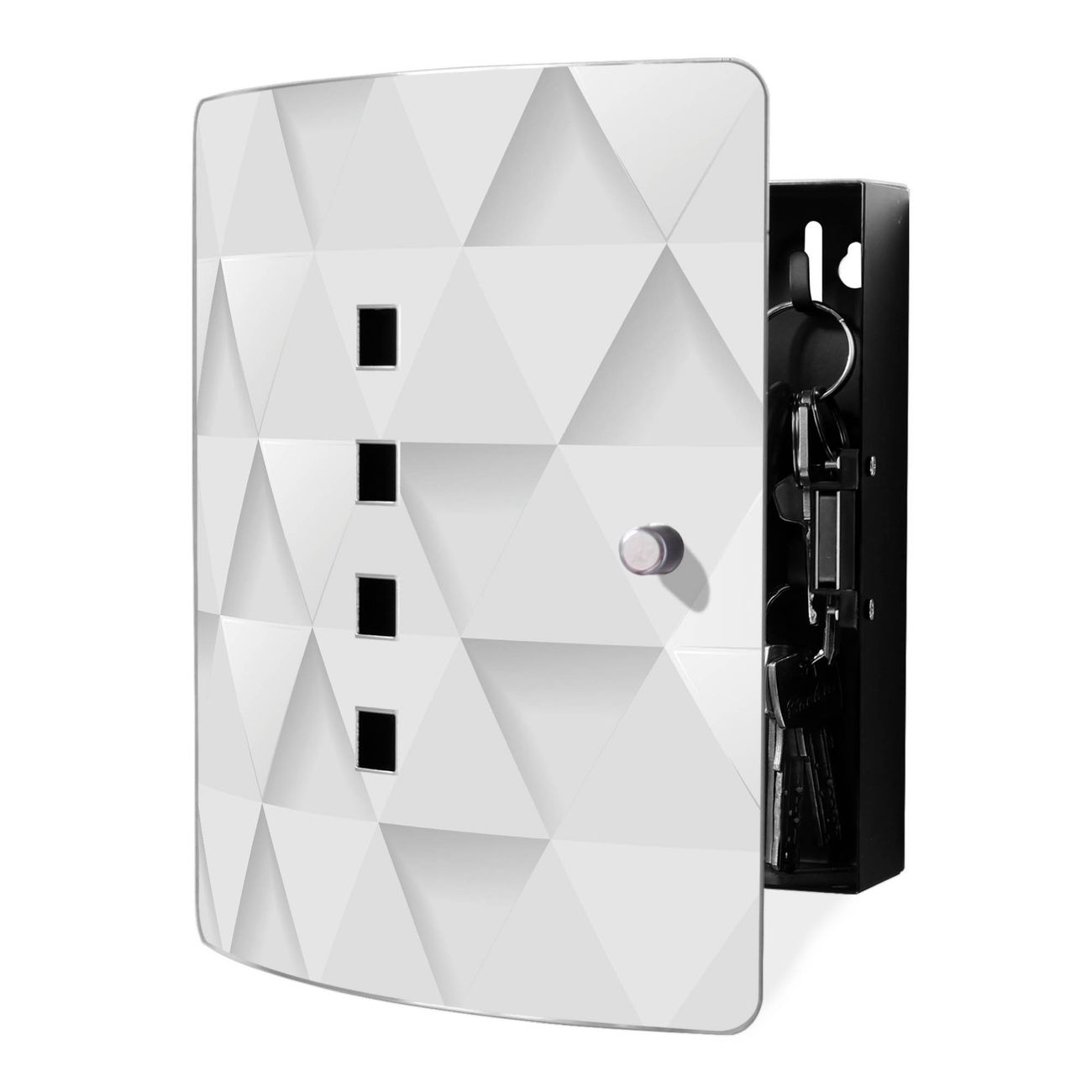 banjado Design Schlüsselkasten mit Edelstahl Tür und Motiv Weisse Dreiecke Schlüsselschrank zur Schlüsselaufbewahrung groß mit Magnetverschluss Zierlöcher