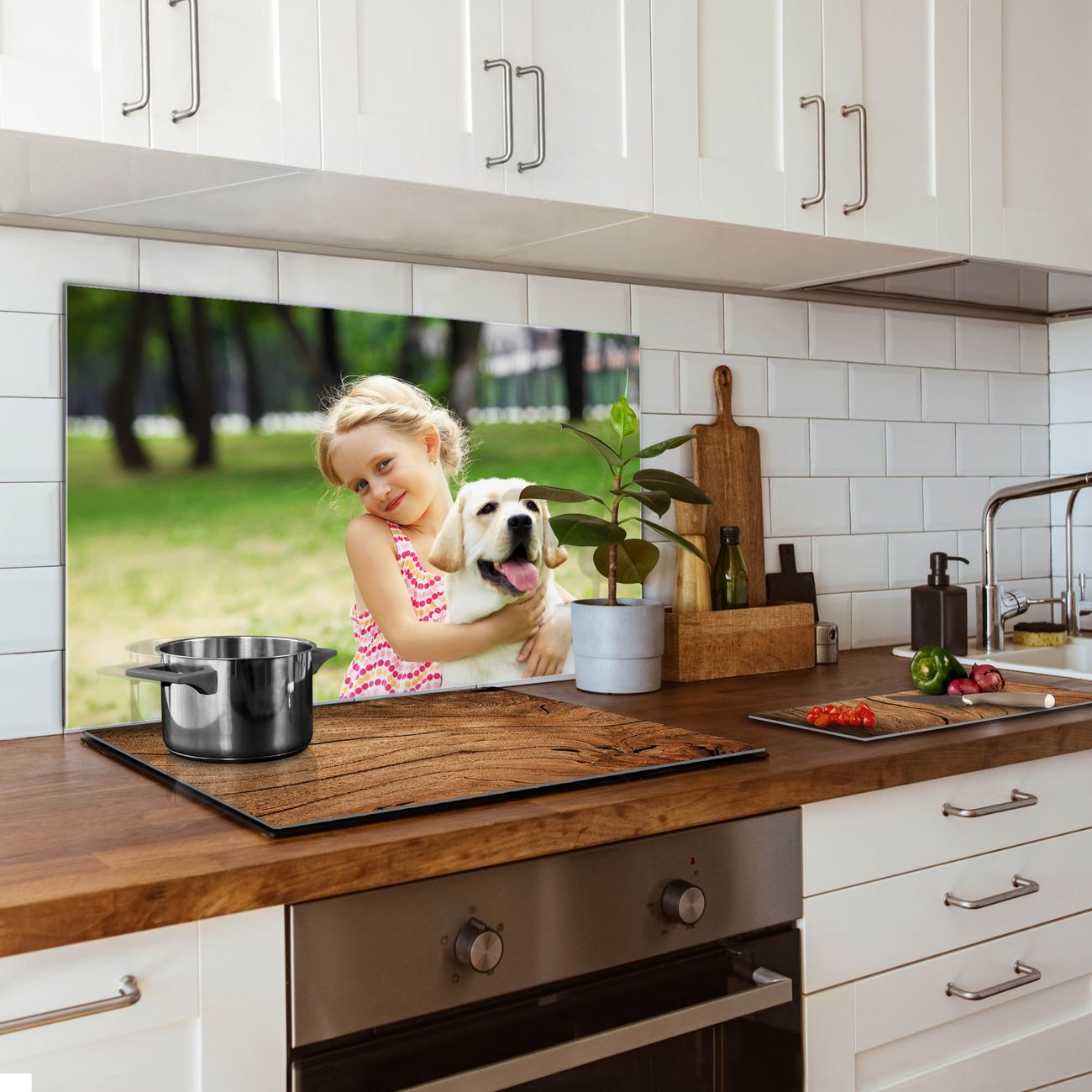 banjado Küchenrückwand Glas 60x60cm selbstklebend ohne Bohren, Herd Spritzschutz Wand aus Echtglas ESG, magnetisch mit Motiv Eigenes Bild