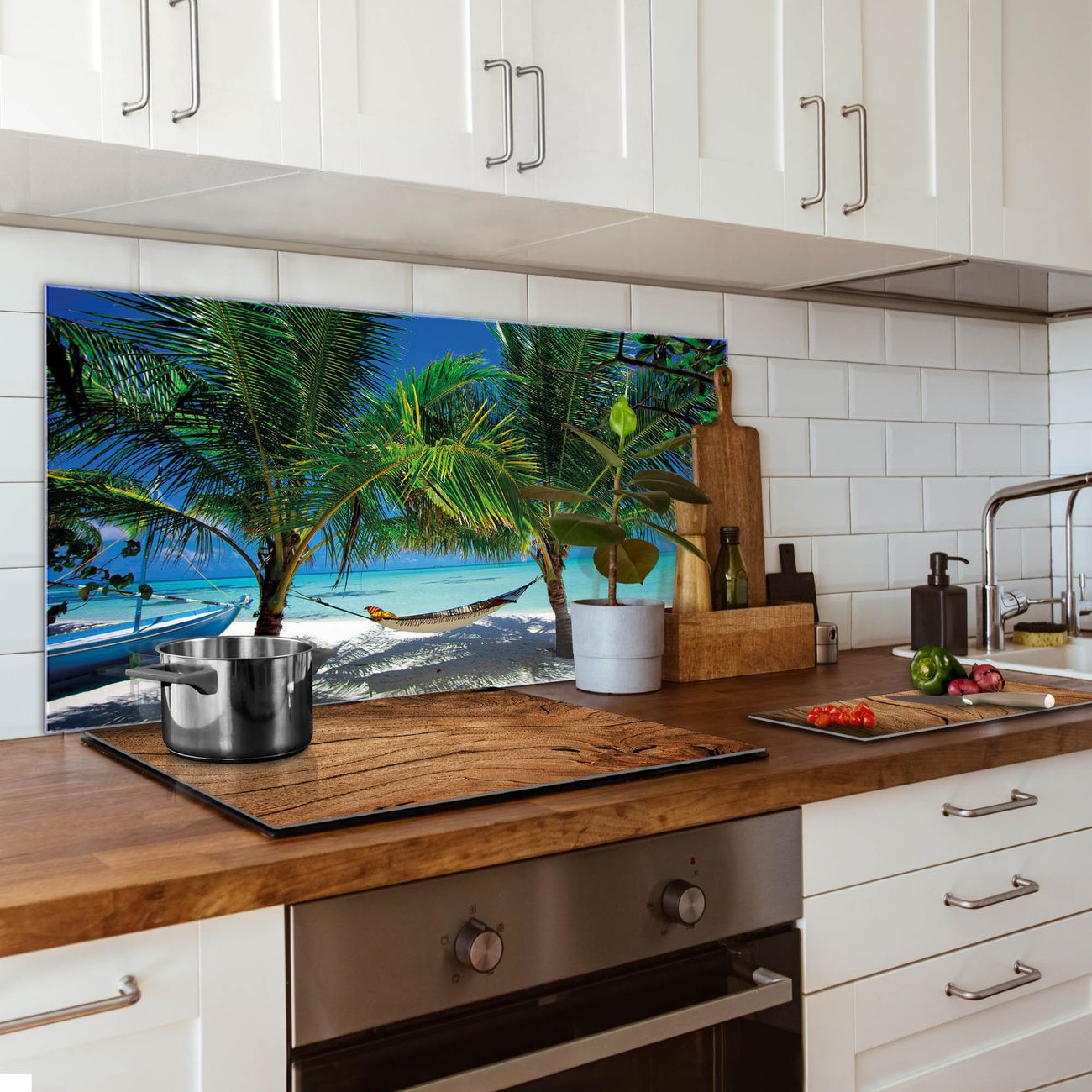 banjado Nischenrückwand 55x110cm Glas Küchenrückwand selbstklebend Spritzschutz Küche Herd ohne Bohren, Sicherheitsglas Motiv Strand