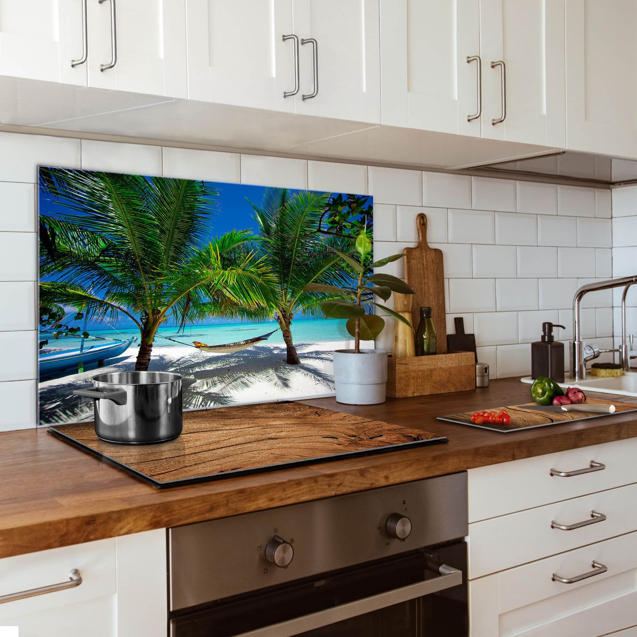banjado Nischenrückwand 60x60cm Glas Küchenrückwand selbstklebend Spritzschutz Küche Herd ohne Bohren, Sicherheitsglas Motiv Strand