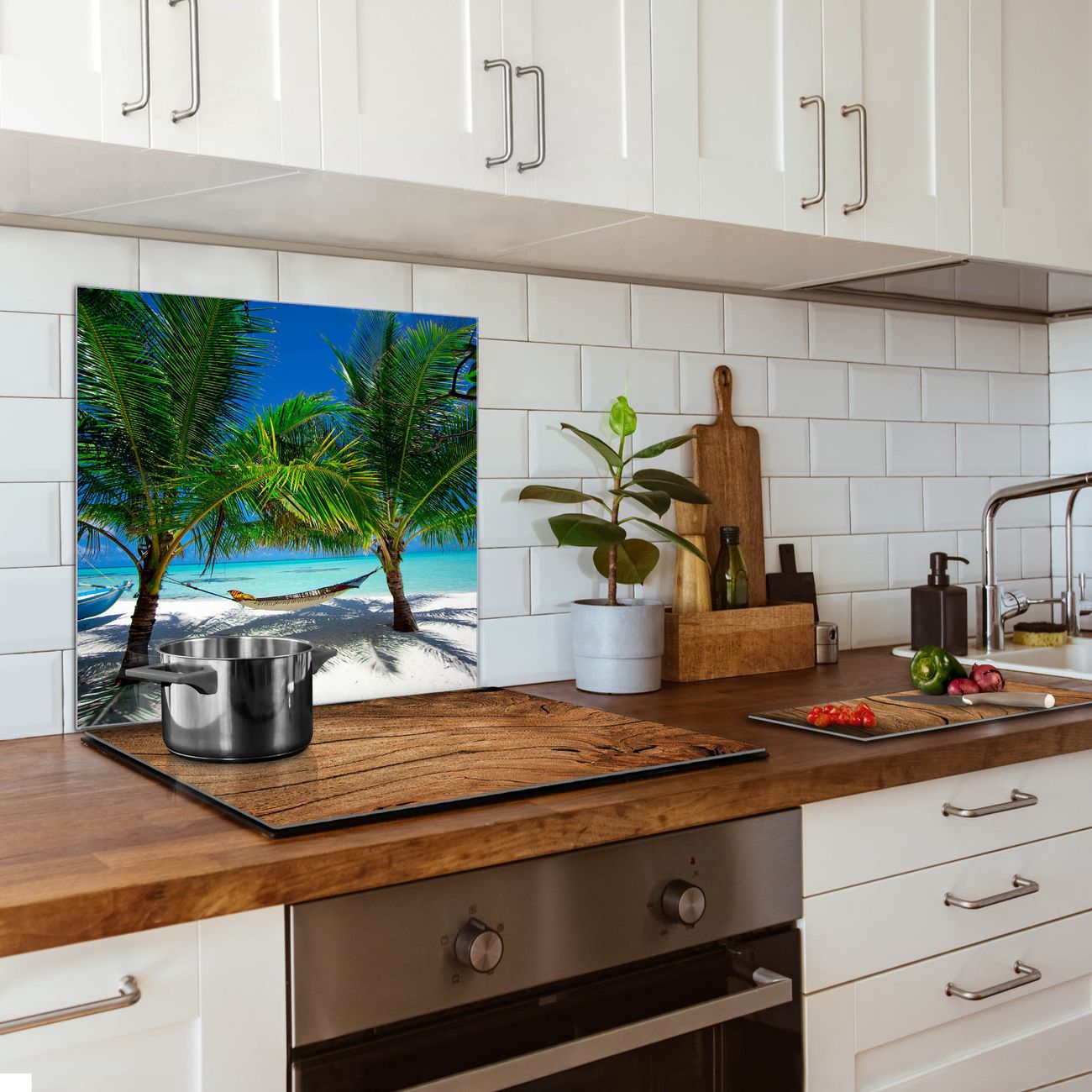 banjado Nischenrückwand 70x70cm Glas Küchenrückwand selbstklebend Spritzschutz Küche Herd ohne Bohren, Sicherheitsglas Motiv Strand