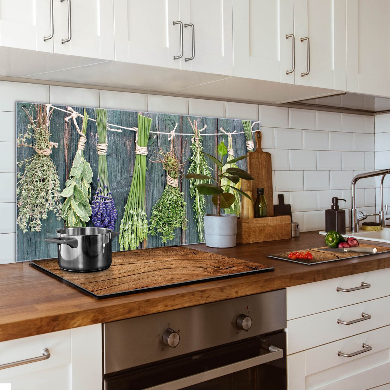 banjado Küchenspiegel 80x120cm, Spritzschutz Glas Herd für alle Untergründe ohne Bohren, Sicherheitsglas, magnetisch beschreibbar, Motiv Acht Kräuter