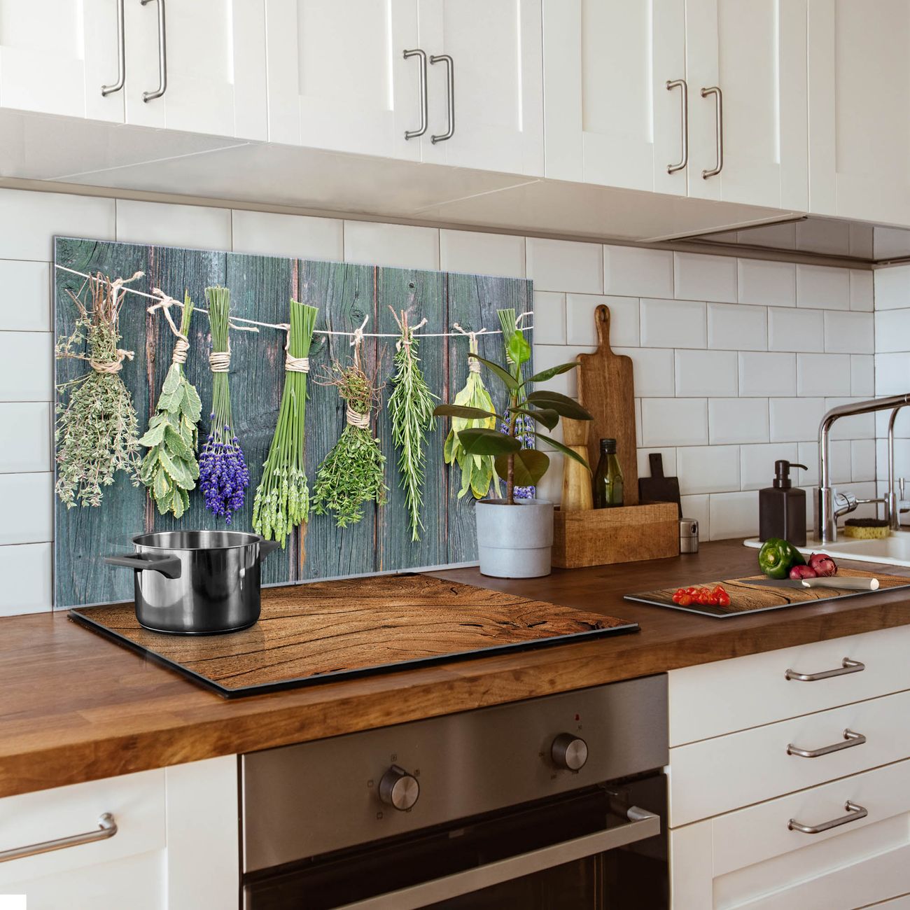 banjado Küchenspiegel 40x60cm, Spritzschutz Glas Herd für alle Untergründe ohne Bohren, Sicherheitsglas, magnetisch beschreibbar, Motiv Acht Kräuter