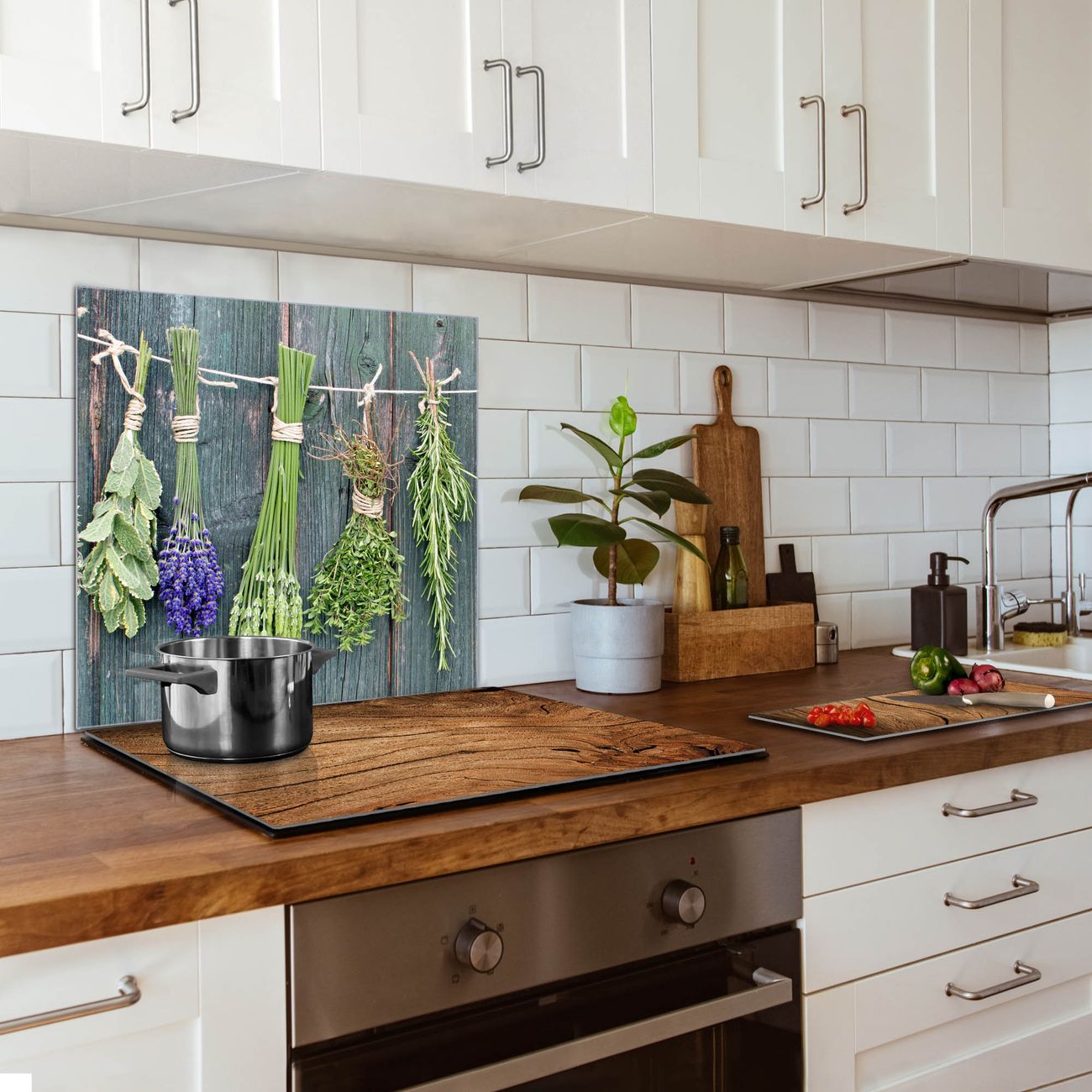 banjado Küchenspiegel 50x75cm, Spritzschutz Glas Herd für alle Untergründe ohne Bohren, Sicherheitsglas, magnetisch beschreibbar, Motiv Acht Kräuter