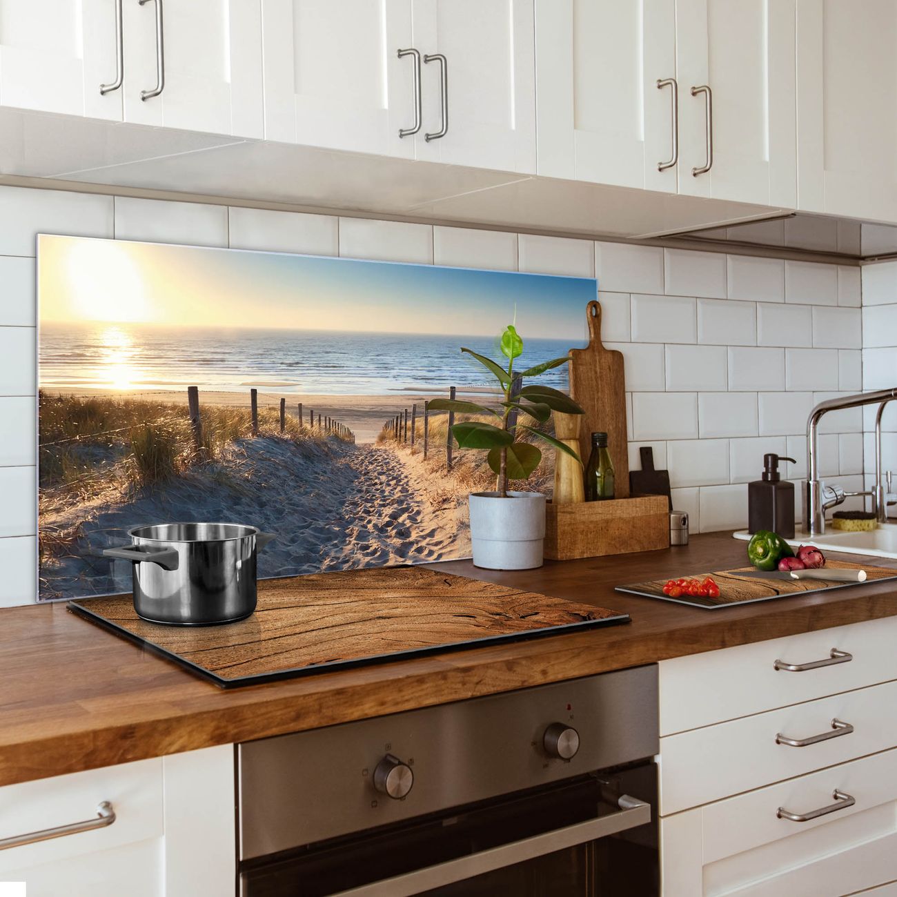 banjado Nischenrückwand 55x110cm Glas Küchenrückwand selbstklebend Spritzschutz Küche Herd ohne Bohren, Sicherheitsglas Motiv Nordseestrand