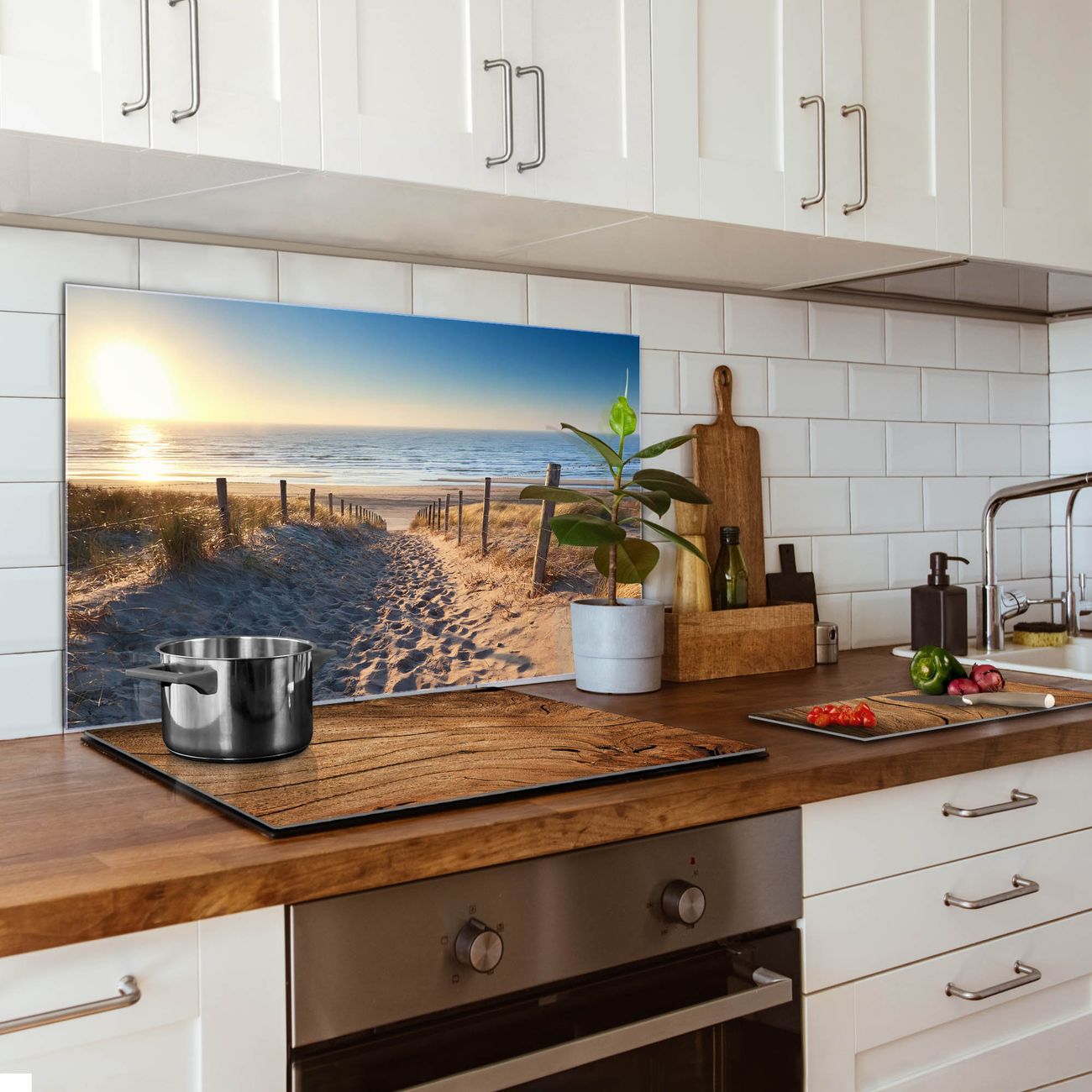 banjado Nischenrückwand 50x100cm Glas Küchenrückwand selbstklebend Spritzschutz Küche Herd ohne Bohren, Sicherheitsglas Motiv Nordseestrand