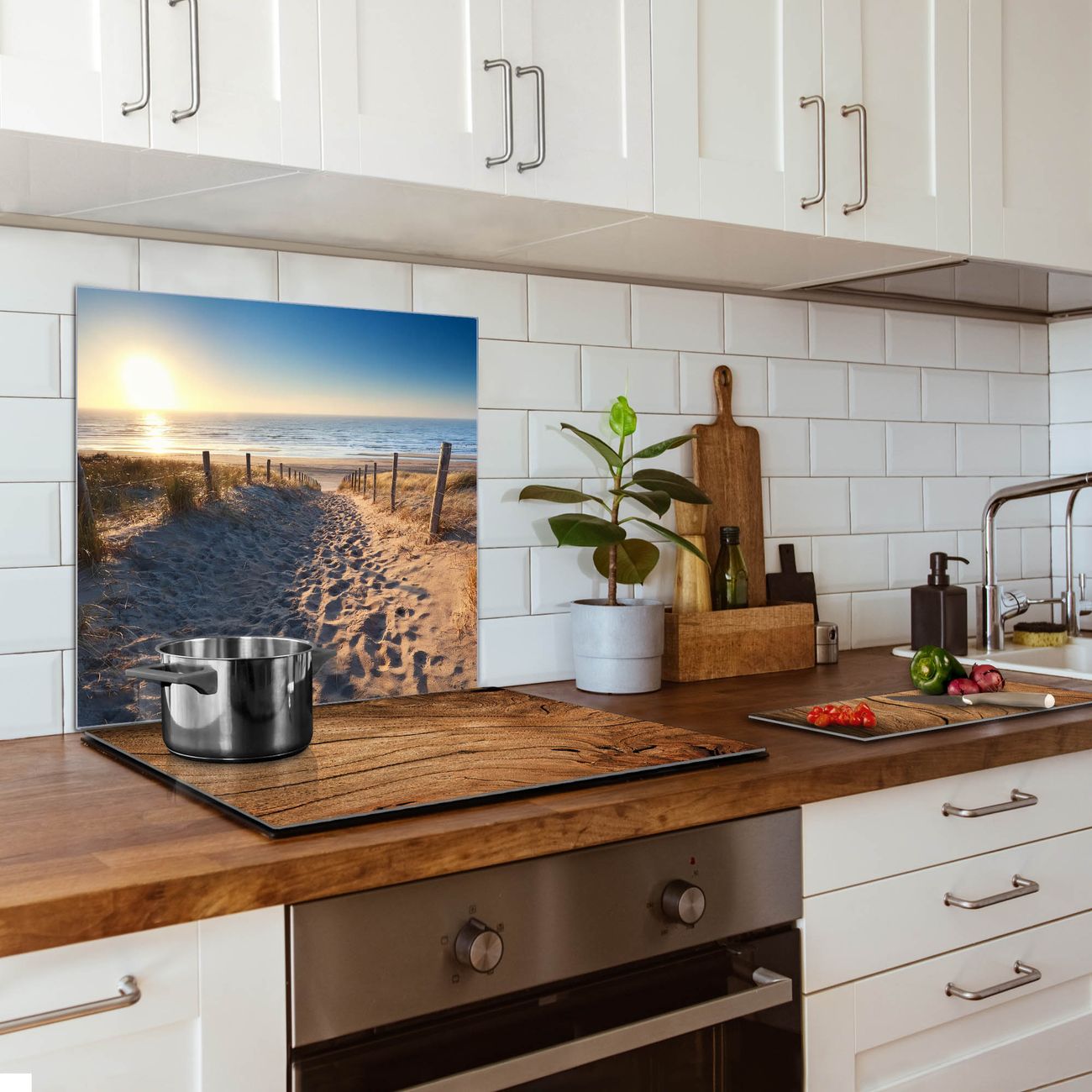 banjado Nischenrückwand 50x75cm Glas Küchenrückwand selbstklebend Spritzschutz Küche Herd ohne Bohren, Sicherheitsglas Motiv Nordseestrand