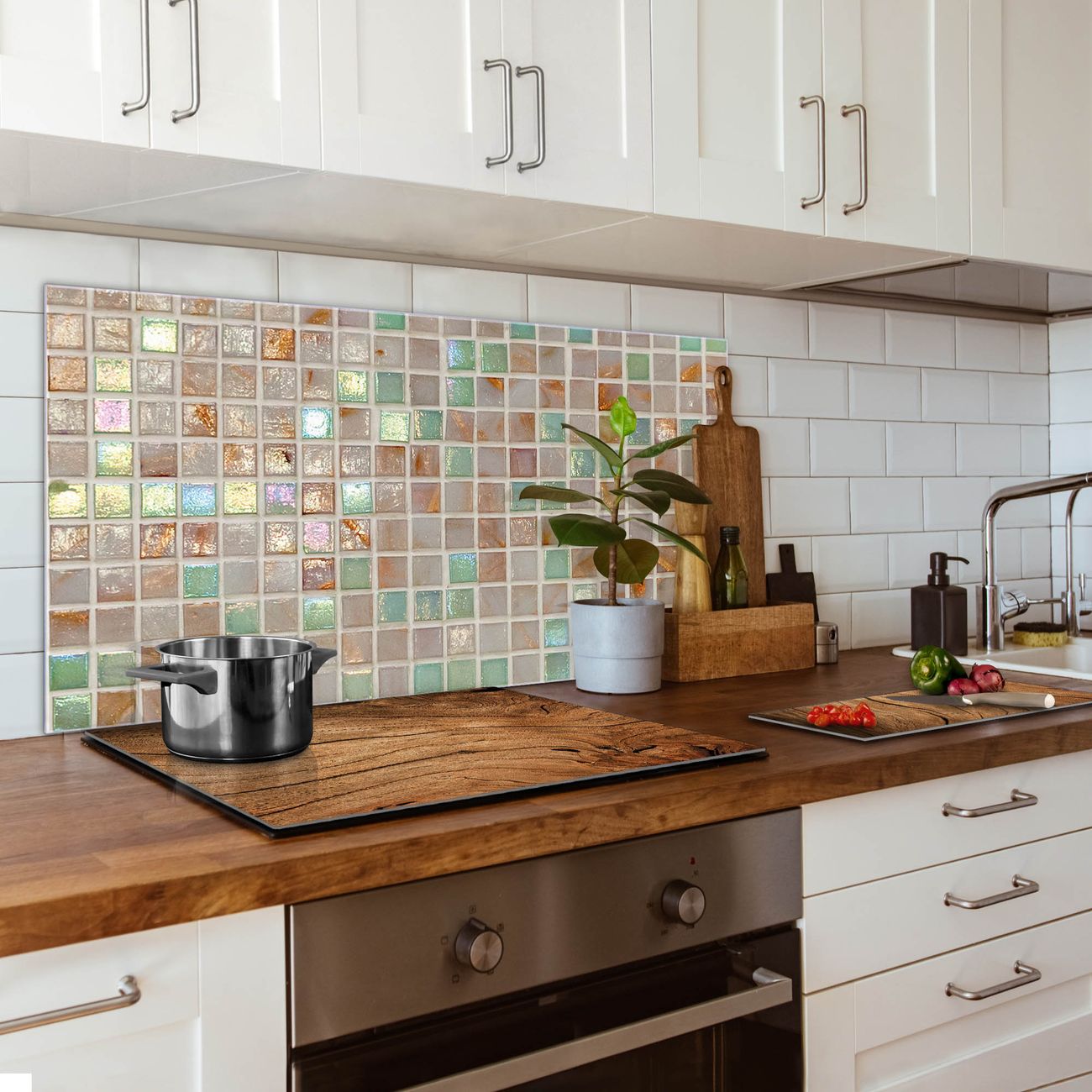 banjado Küchenspiegel 55x110cm, Spritzschutz Glas Herd für alle Untergründe ohne Bohren, Sicherheitsglas, magnetisch beschreibbar, Motiv Grüne Fliesen