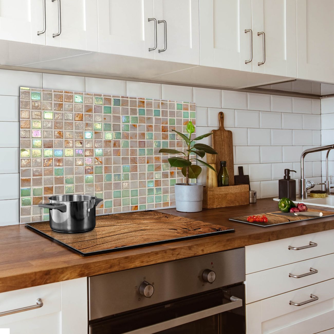 banjado Küchenspiegel 50x100cm, Spritzschutz Glas Herd für alle Untergründe ohne Bohren, Sicherheitsglas, magnetisch beschreibbar, Motiv Grüne Fliesen