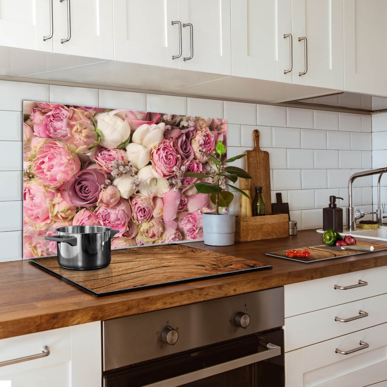 banjado Küchenrückwand Glas 60x120cm selbstklebend ohne Bohren, Herd Spritzschutz Wand aus Echtglas ESG, magnetisch mit Motiv Strauss Rosen