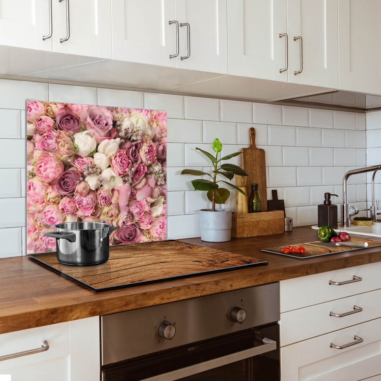 banjado Küchenrückwand Glas 70x70cm selbstklebend ohne Bohren, Herd Spritzschutz Wand aus Echtglas ESG, magnetisch mit Motiv Strauss Rosen