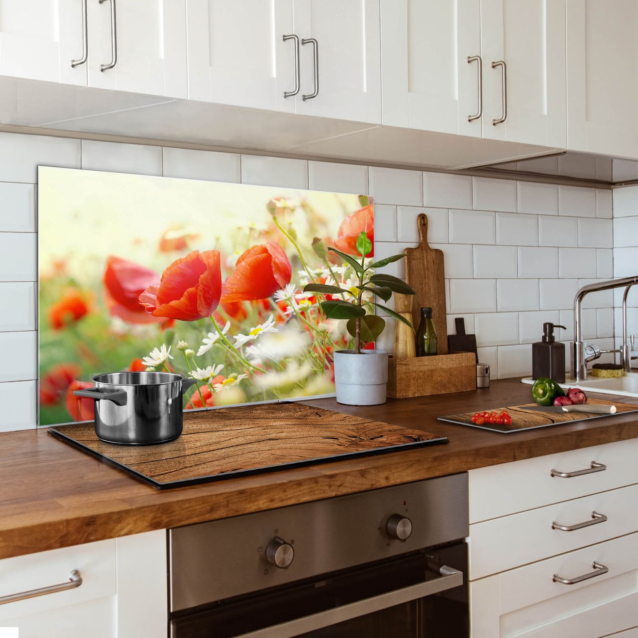 banjado Nischenrückwand 60x60cm Glas Küchenrückwand selbstklebend Spritzschutz Küche Herd ohne Bohren, Sicherheitsglas Motiv Kamille & Mohn