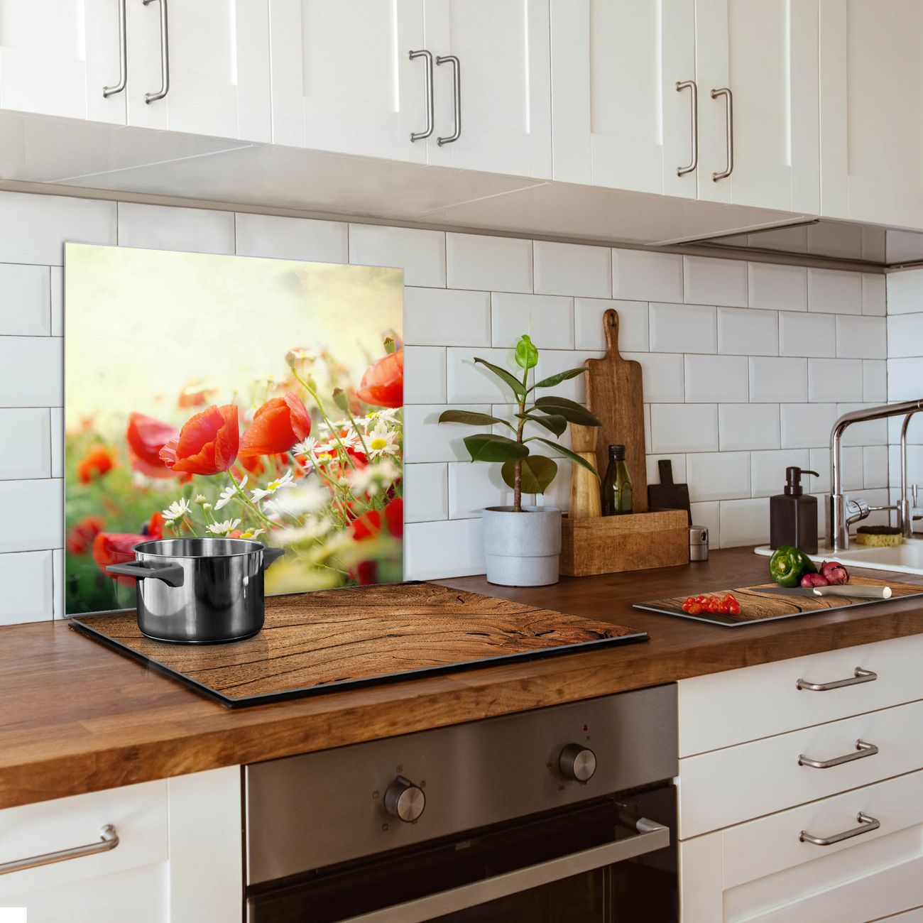 banjado Nischenrückwand 40x40cm Glas Küchenrückwand selbstklebend Spritzschutz Küche Herd ohne Bohren, Sicherheitsglas Motiv Kamille & Mohn