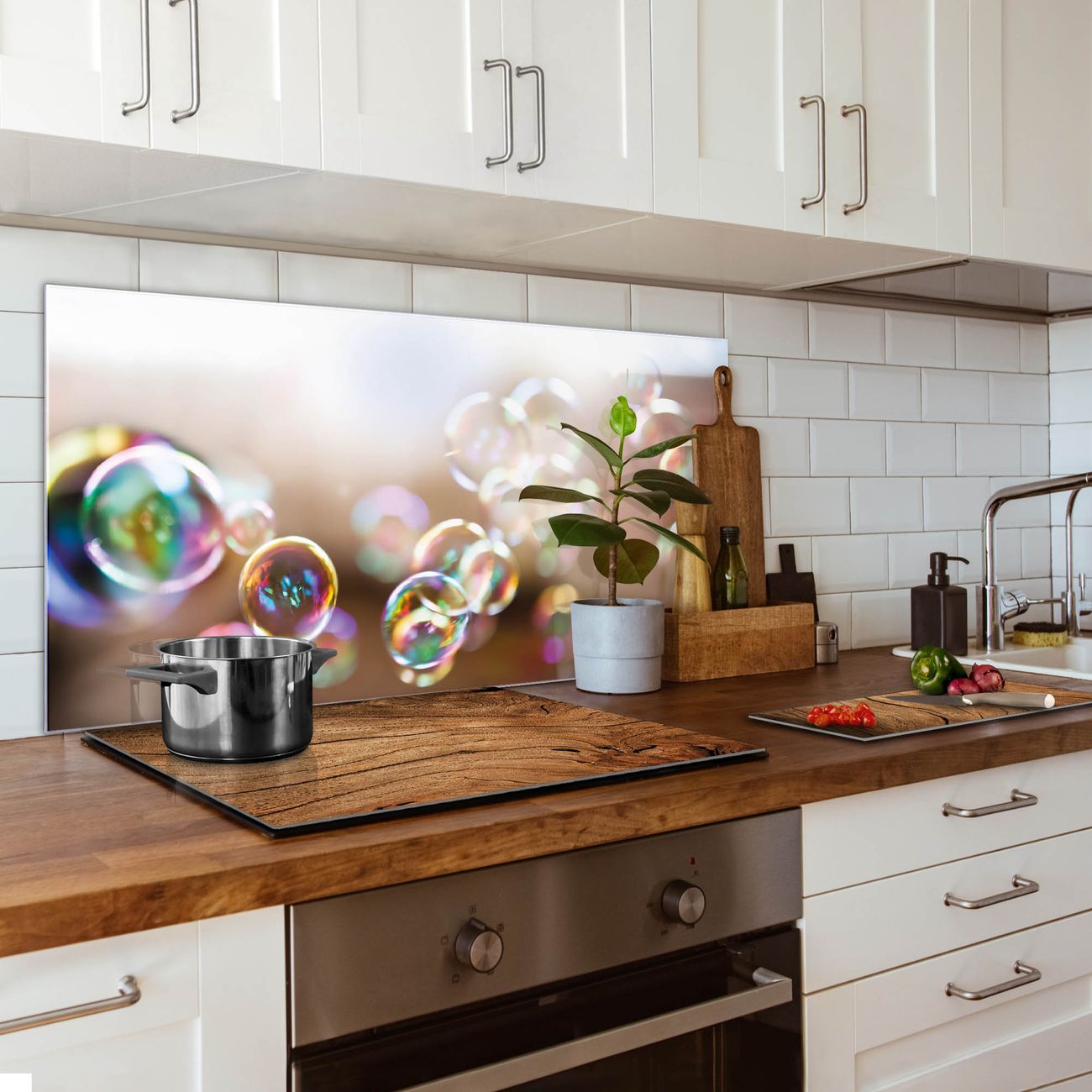 banjado Nischenrückwand 60x90cm Glas Küchenrückwand selbstklebend Spritzschutz Küche Herd ohne Bohren, Sicherheitsglas Motiv Seifenblasen