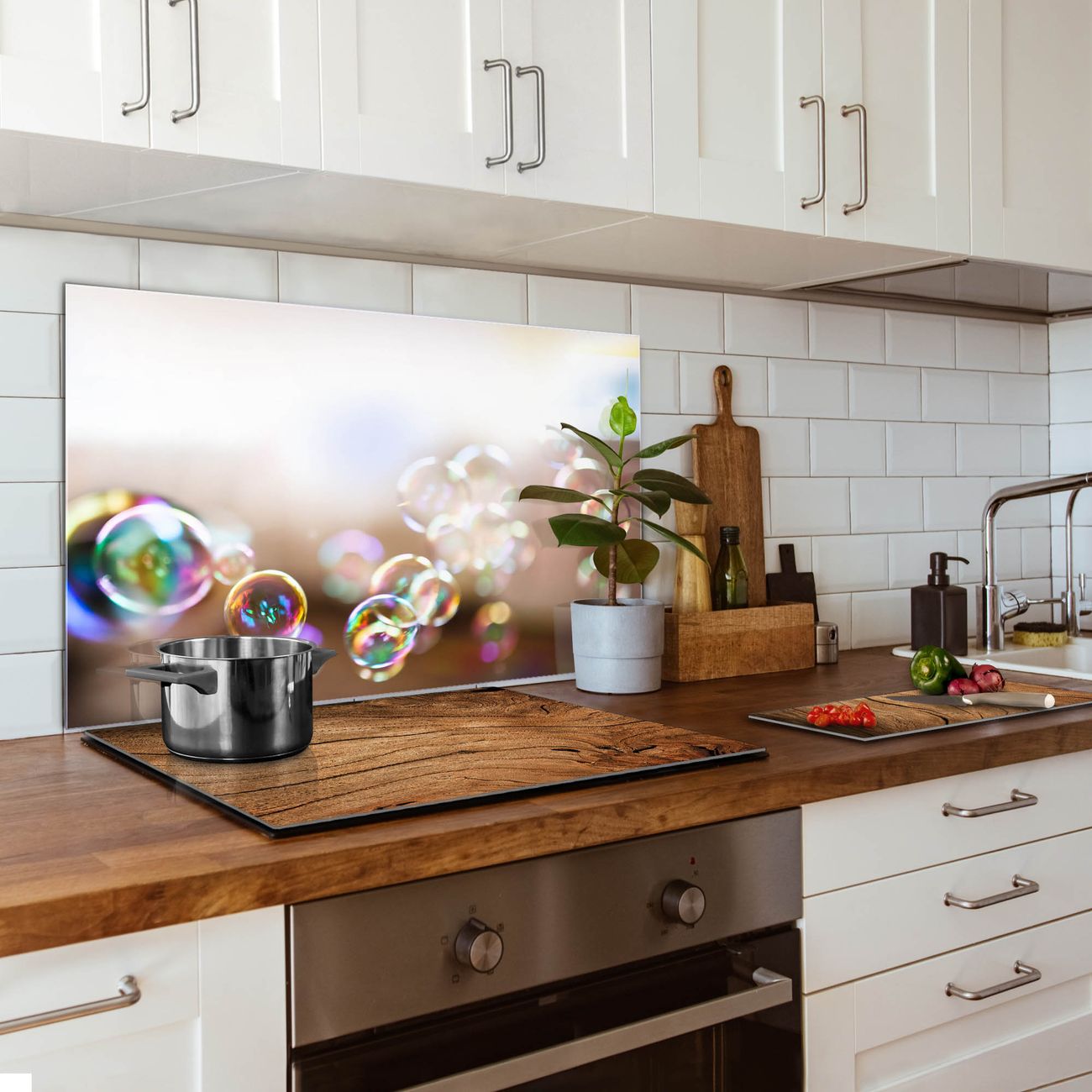banjado Nischenrückwand 60x60cm Glas Küchenrückwand selbstklebend Spritzschutz Küche Herd ohne Bohren, Sicherheitsglas Motiv Seifenblasen