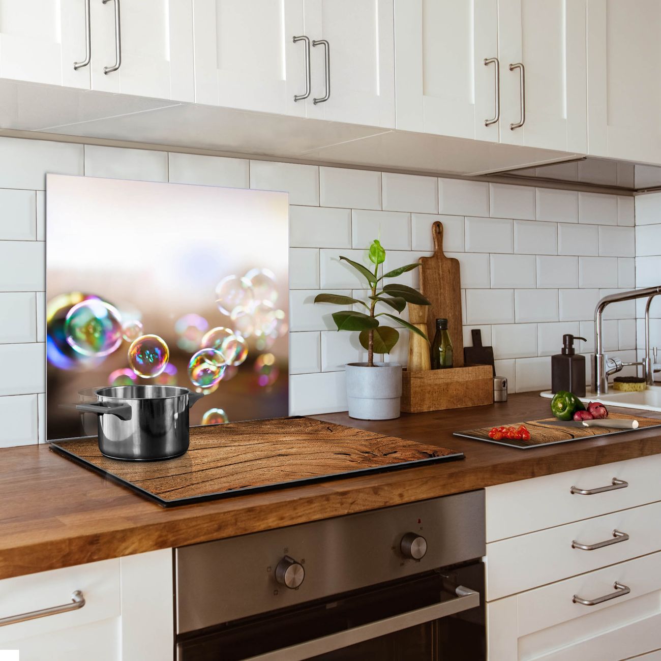 banjado Nischenrückwand 50x75cm Glas Küchenrückwand selbstklebend Spritzschutz Küche Herd ohne Bohren, Sicherheitsglas Motiv Seifenblasen