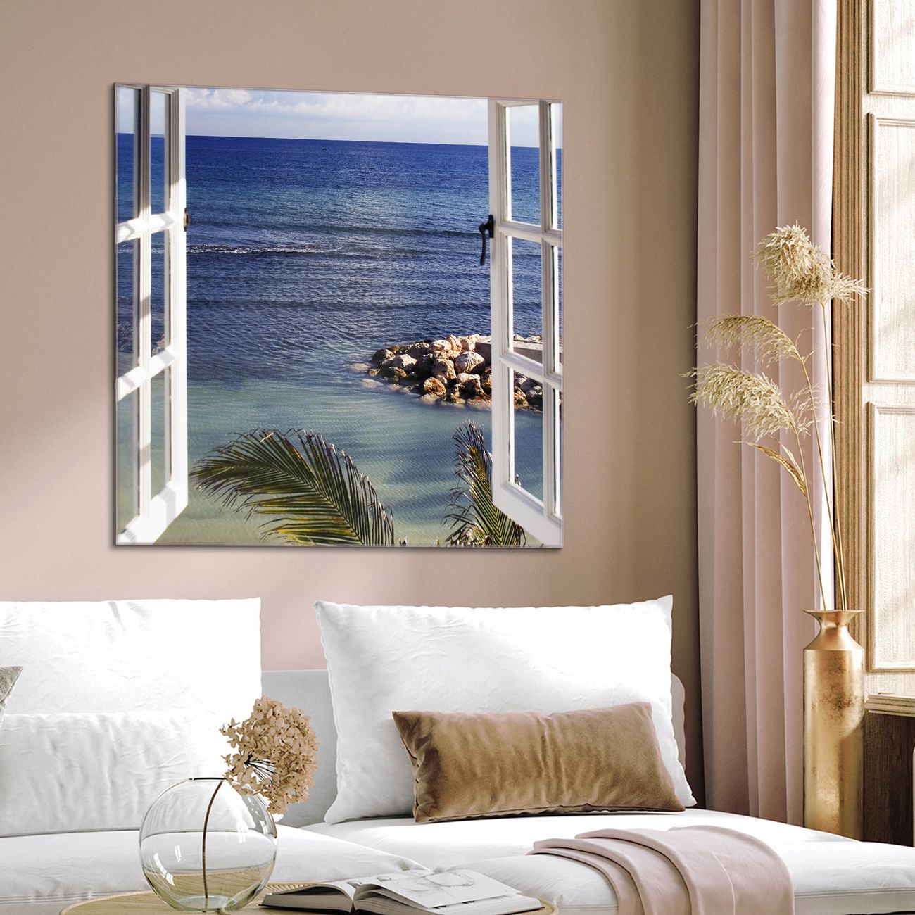 banjado Glas Magnettafel Fensterpanorama 60 x 60 cm rahmenlos & hochwertig, Quadratisch, magnetisch & beschreibbar, 4mm starkes ESG Glas