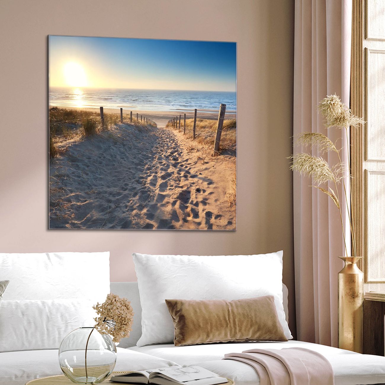 banjado Glas Magnettafel Nordseestrand 50 x 50 cm rahmenlos & hochwertig, Quadratisch, magnetisch & beschreibbar, 4mm starkes ESG Glas