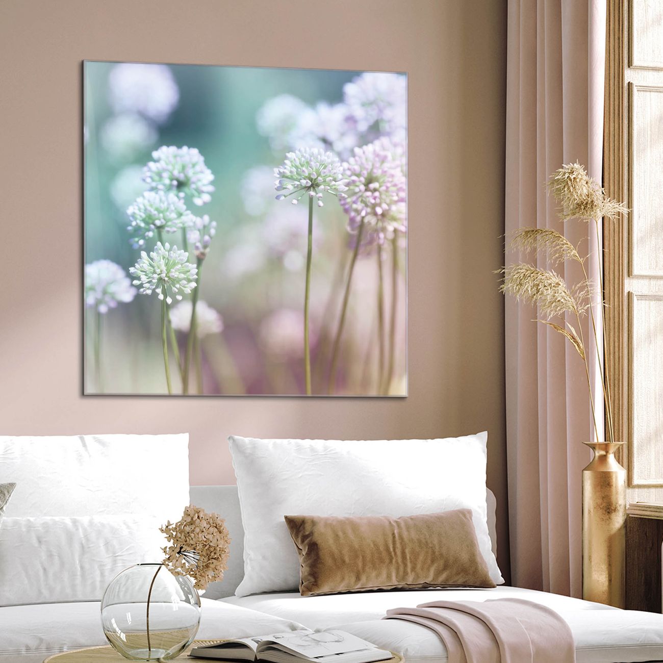 banjado Glas Magnettafel Lauchblüte 70 x 70 cm rahmenlos & hochwertig, Quadratisch, magnetisch & beschreibbar, 4mm starkes ESG Glas