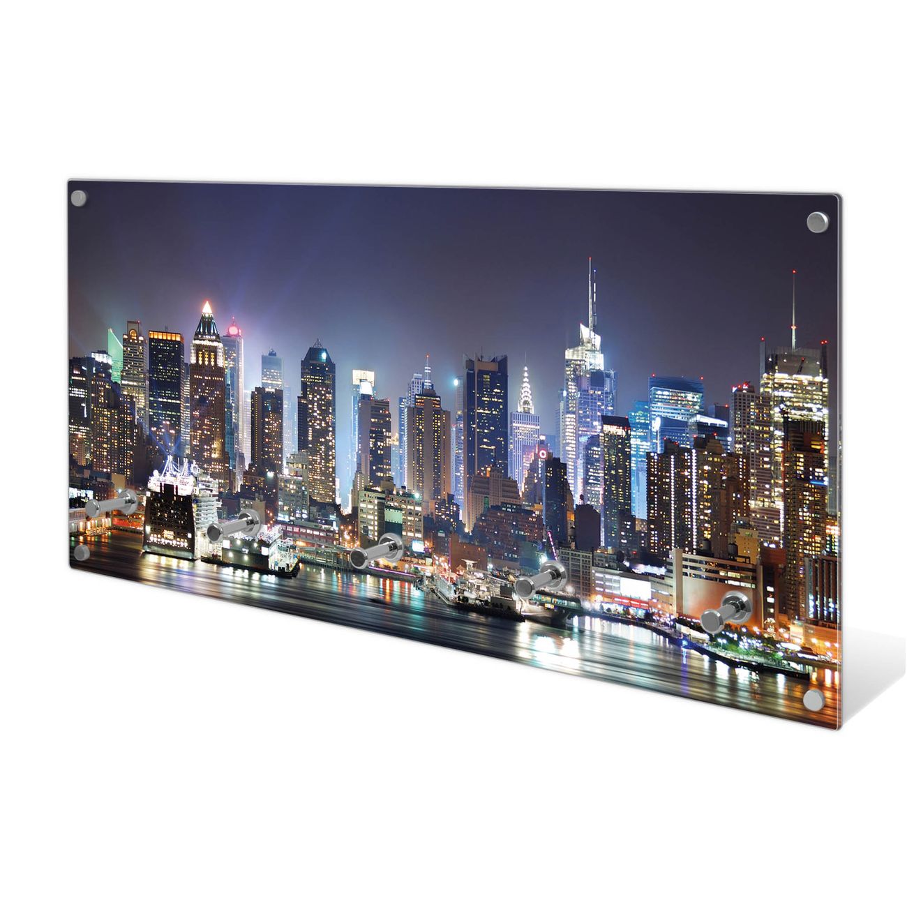 banjado Wandgarderobe aus Echtglas, 80x40cm groß, Paneel mit 5 Haken und Motiv New York, Garderobenleiste mit Montagematerial, Design Flurgarderobe
