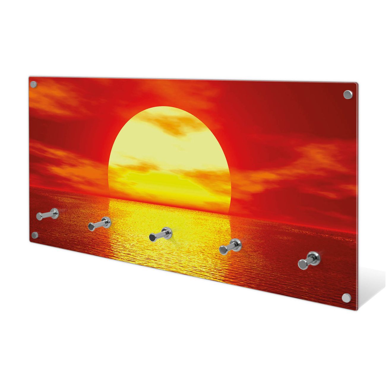 banjado Wandgarderobe aus Echtglas, 80x40cm groß, Paneel mit 5 Haken und Motiv Sonne & Meer, Garderobenleiste mit Montagematerial, Design Flurgarderobe