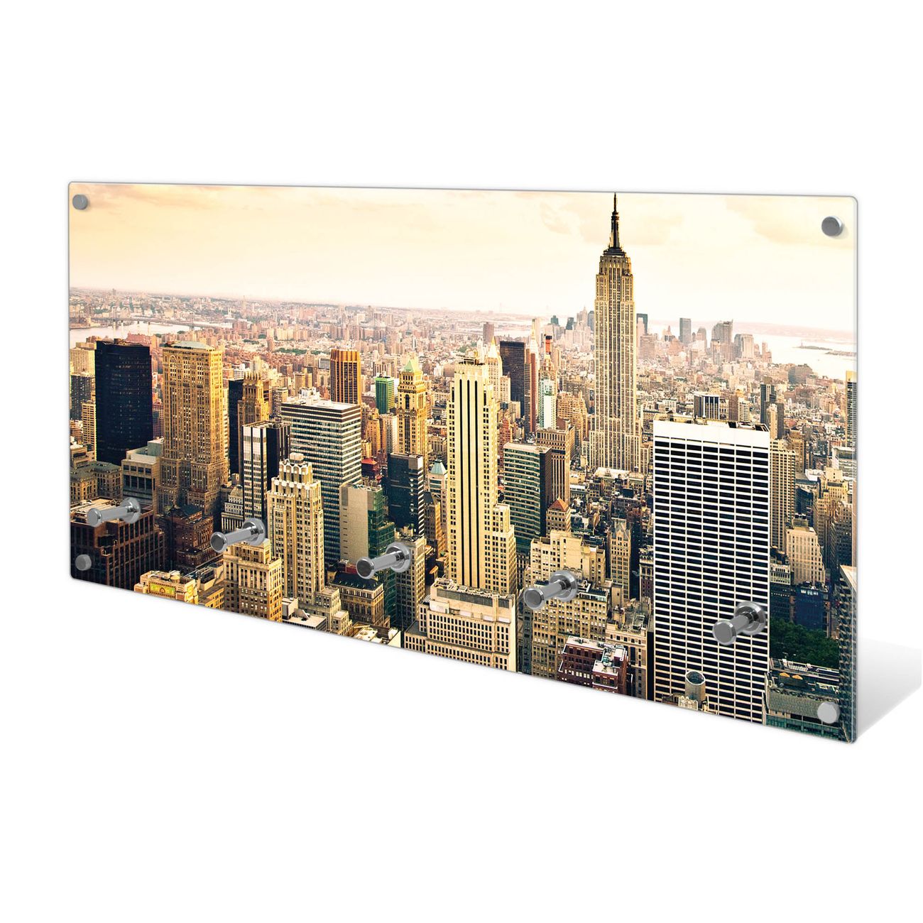 banjado Wandgarderobe aus Echtglas, 80x40cm groß, Paneel mit 5 Haken und Motiv New York City, Garderobenleiste mit Montagematerial, Design Flurgarderobe