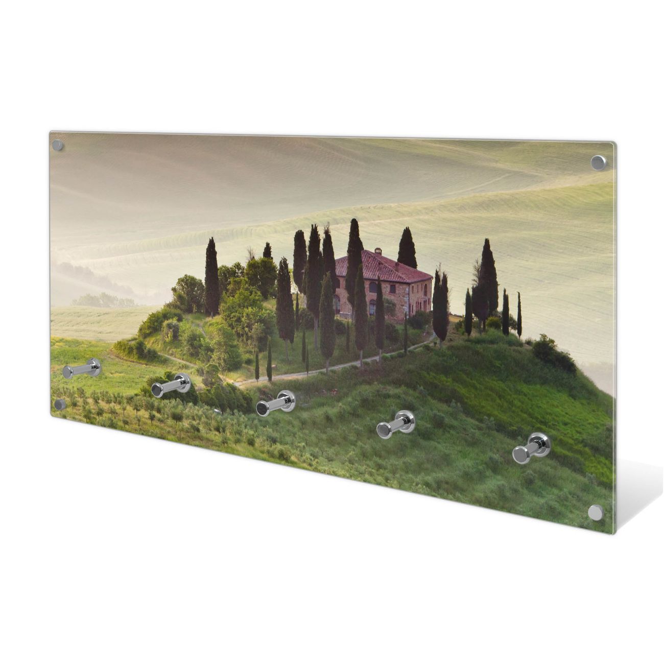banjado Wandgarderobe aus Echtglas, 80x40cm groß, Paneel mit 5 Haken und Motiv Toscana, Garderobenleiste mit Montagematerial, Design Flurgarderobe