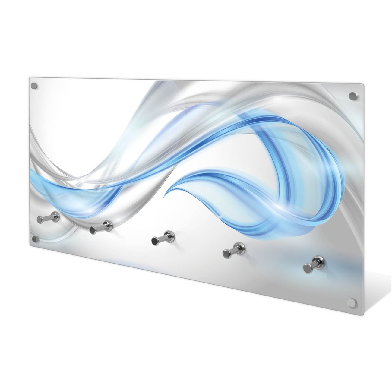 banjado Wandgarderobe aus Echtglas, 80x40cm groß, Paneel mit 5 Haken und Motiv Blaue Welle, Garderobenleiste mit Montagematerial, Design Flurgarderobe