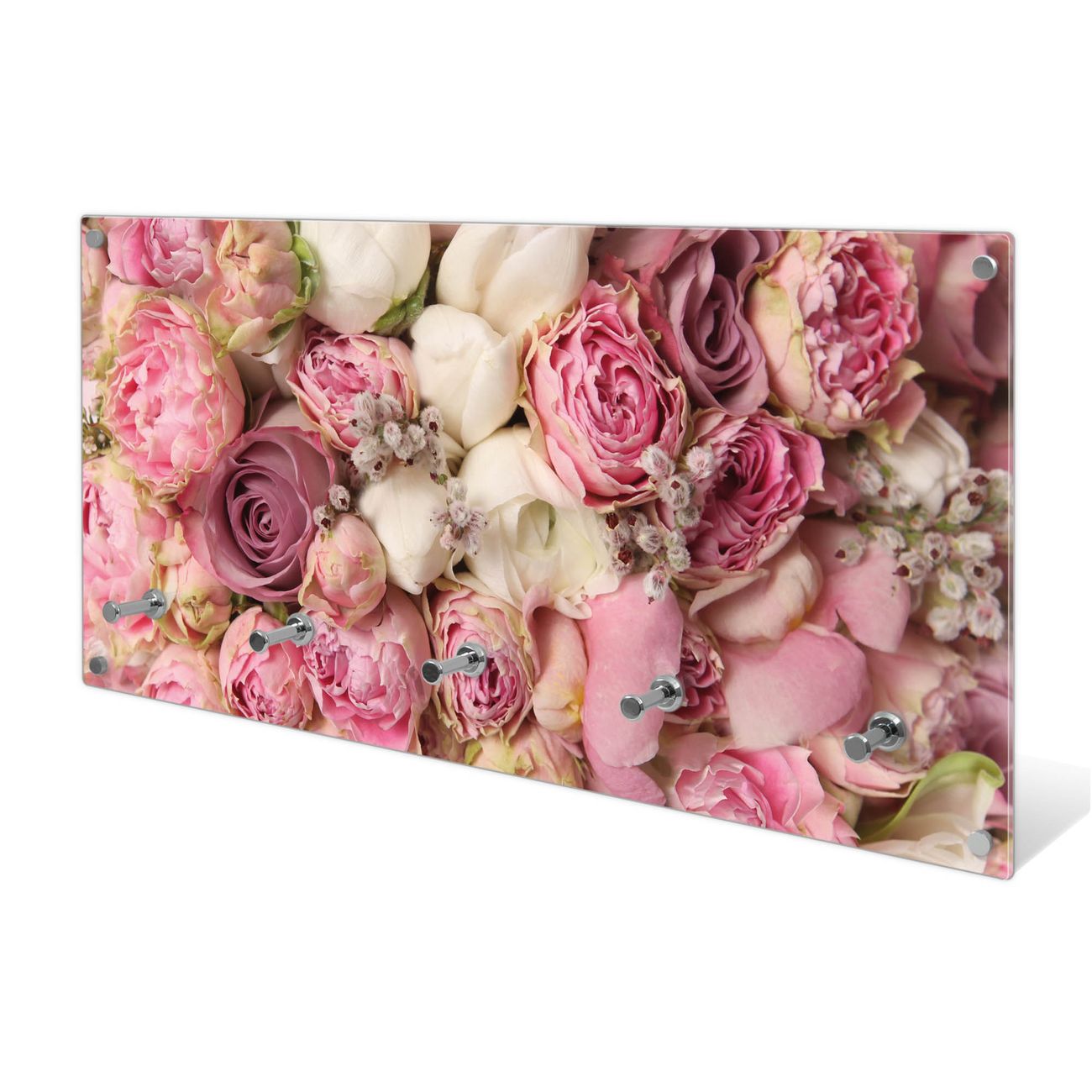 banjado Wandgarderobe aus Echtglas, 80x40cm groß, Paneel mit 5 Haken und Motiv Strauss Rosen, Garderobenleiste mit Montagematerial, Design Flurgarderobe