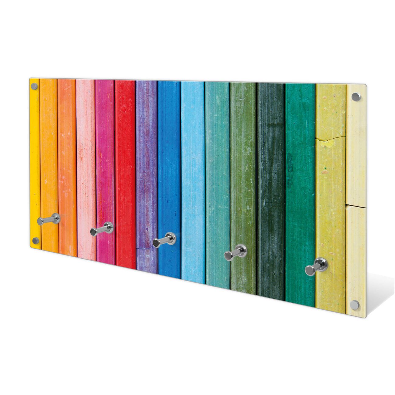 banjado Wandgarderobe aus Echtglas, 80x40cm groß, Paneel mit 5 Haken und Motiv Holz Regenbogen, Garderobenleiste mit Montagematerial, Design Flurgarderobe