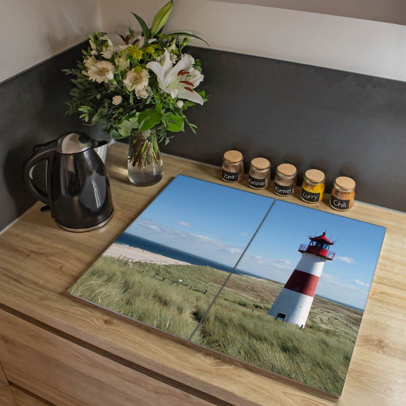 Herdabdeckplatte aus Glas Spritzschutz Herdabdeckung zweiteilig je 30x52cm mit Motiv Leuchtturm Glasabdeckung Schneidebrett Glasabdeckung Ceranfeld