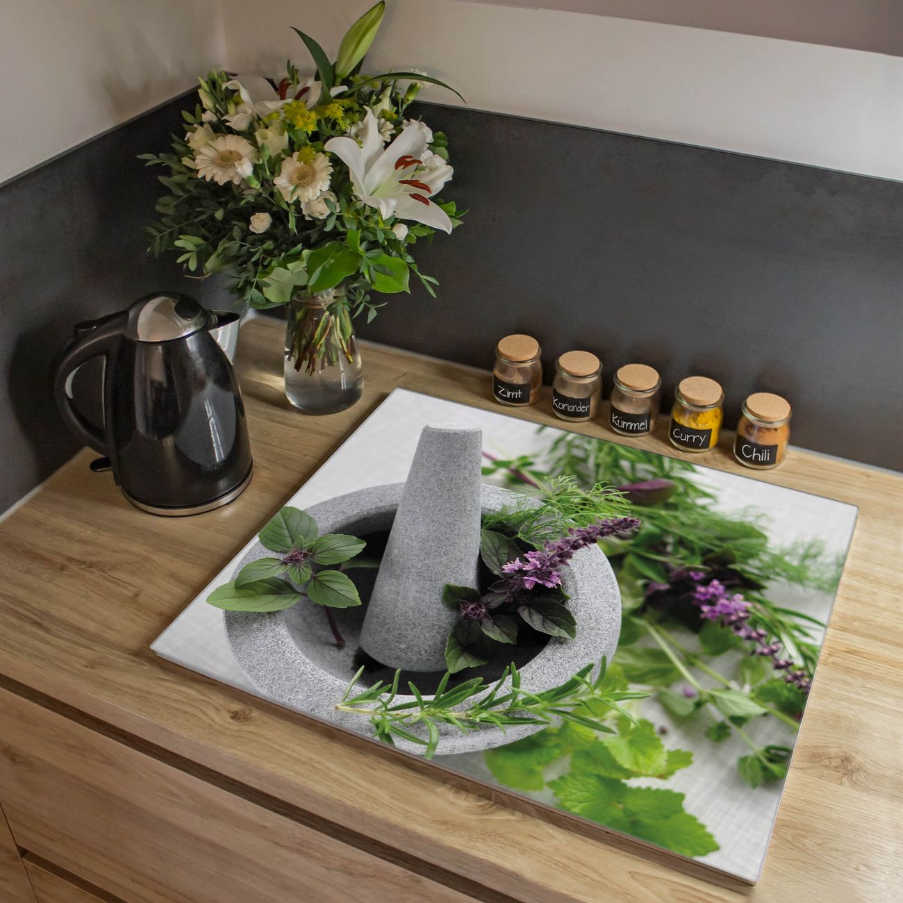 Herdabdeckplatte aus Glas Spritzschutz Herdabdeckung einteilig 60x52cm mit Motiv Kräuter Glasabdeckung Schneidebrett Glasabdeckung Ceranfeld