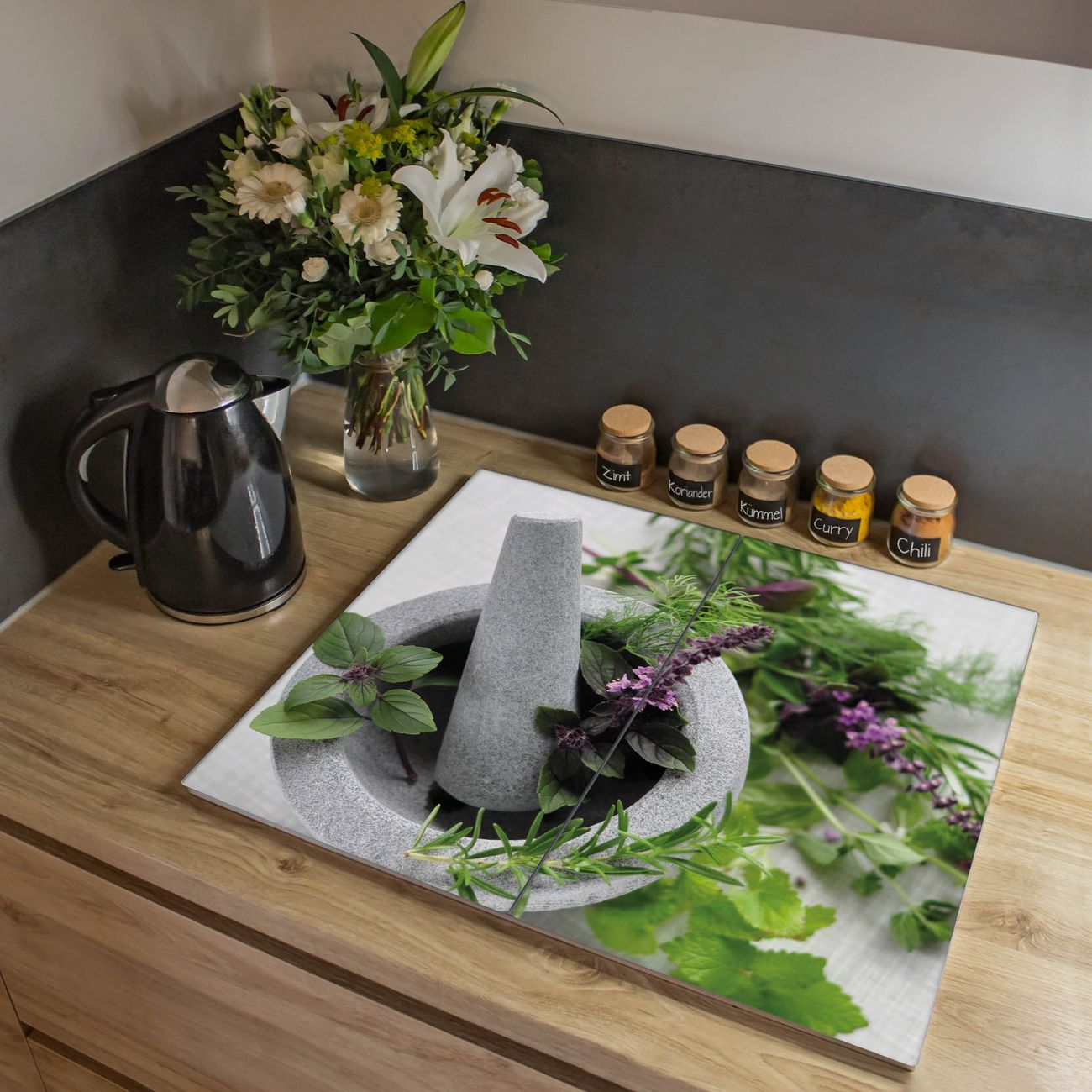 Herdabdeckplatte aus Glas Spritzschutz Herdabdeckung zweiteilig je 30x52cm mit Motiv Kräuter Glasabdeckung Schneidebrett Glasabdeckung Ceranfeld