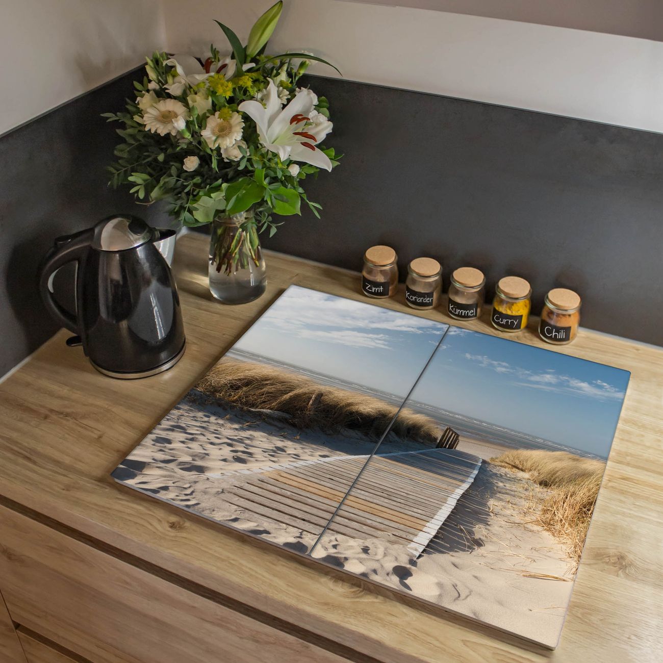 Herdabdeckplatte aus Glas Spritzschutz Herdabdeckung zweiteilig je 30x52cm mit Motiv Dünen Glasabdeckung Schneidebrett Glasabdeckung Ceranfeld