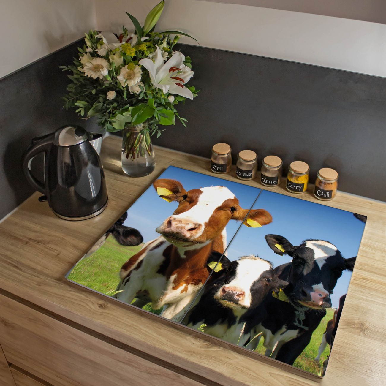 Herdabdeckplatte aus Glas Spritzschutz Herdabdeckung zweiteilig je 30x52cm mit Motiv Kühe Glasabdeckung Schneidebrett Glasabdeckung Ceranfeld
