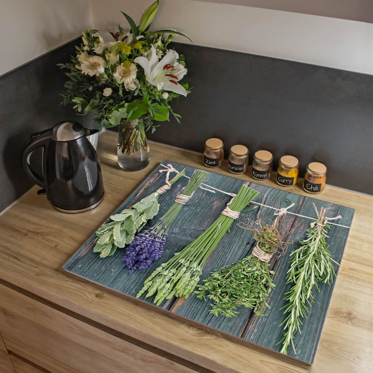 Herdabdeckplatte aus Glas Spritzschutz Herdabdeckung einteilig 60x52cm mit Motiv Acht Kräuter Glasabdeckung Schneidebrett Glasabdeckung Ceranfeld