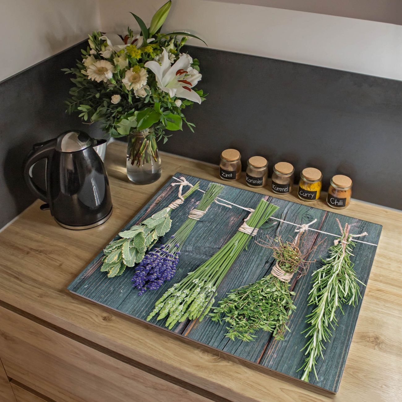 Herdabdeckplatte aus Glas Spritzschutz Herdabdeckung zweiteilig je 30x52cm mit Motiv Acht Kräuter Glasabdeckung Schneidebrett Glasabdeckung Ceranfeld