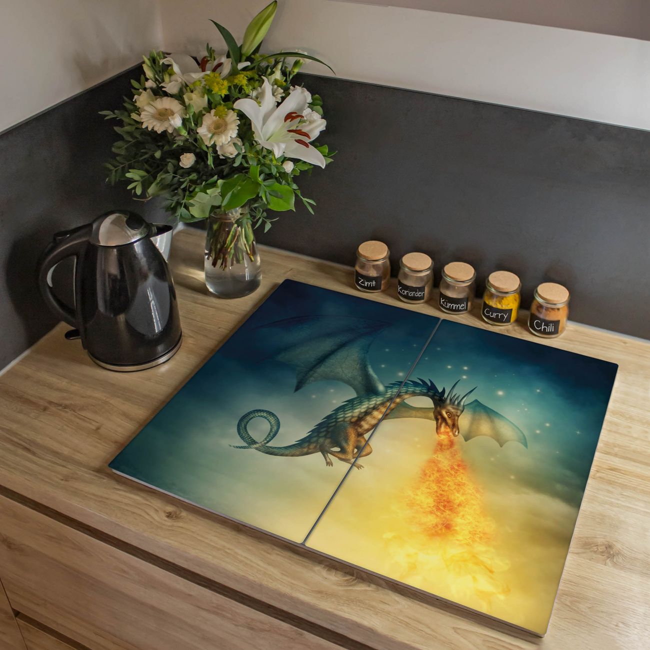 Herdabdeckplatte aus Glas Spritzschutz Herdabdeckung zweiteilig je 30x52cm mit Motiv Drachen Glasabdeckung Schneidebrett Glasabdeckung Ceranfeld