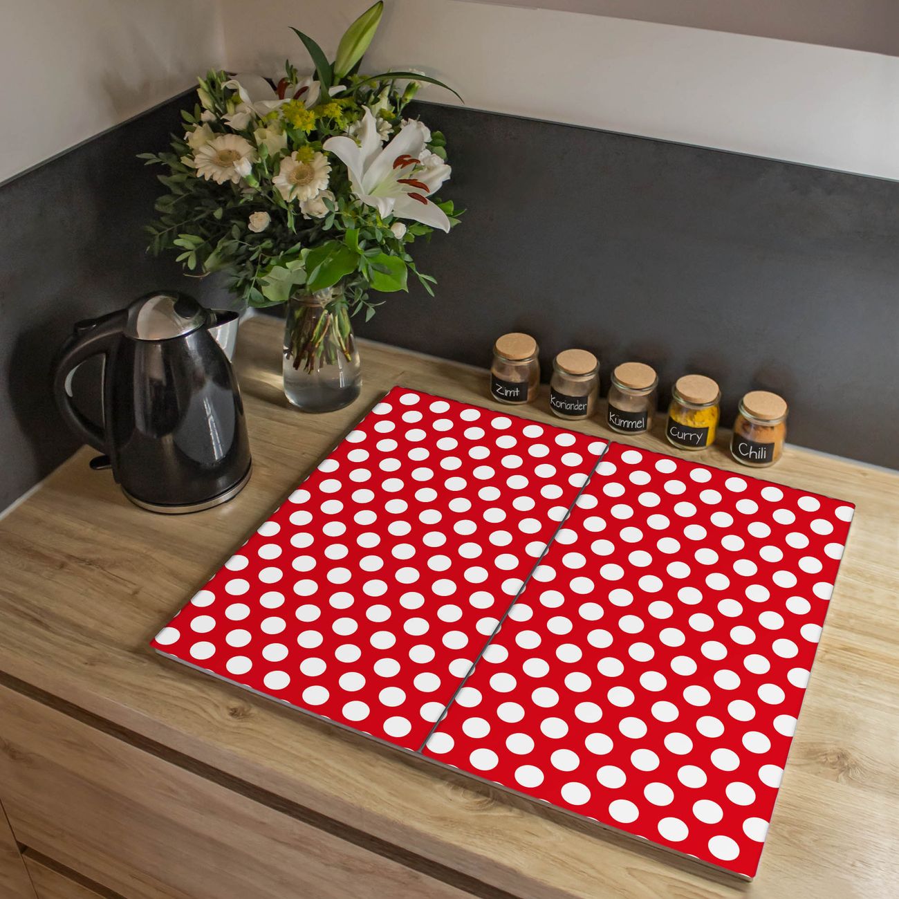 Herdabdeckplatte aus Glas Spritzschutz Herdabdeckung zweiteilig je 30x52cm mit Motiv Punkte Rot Glasabdeckung Schneidebrett Glasabdeckung Ceranfeld