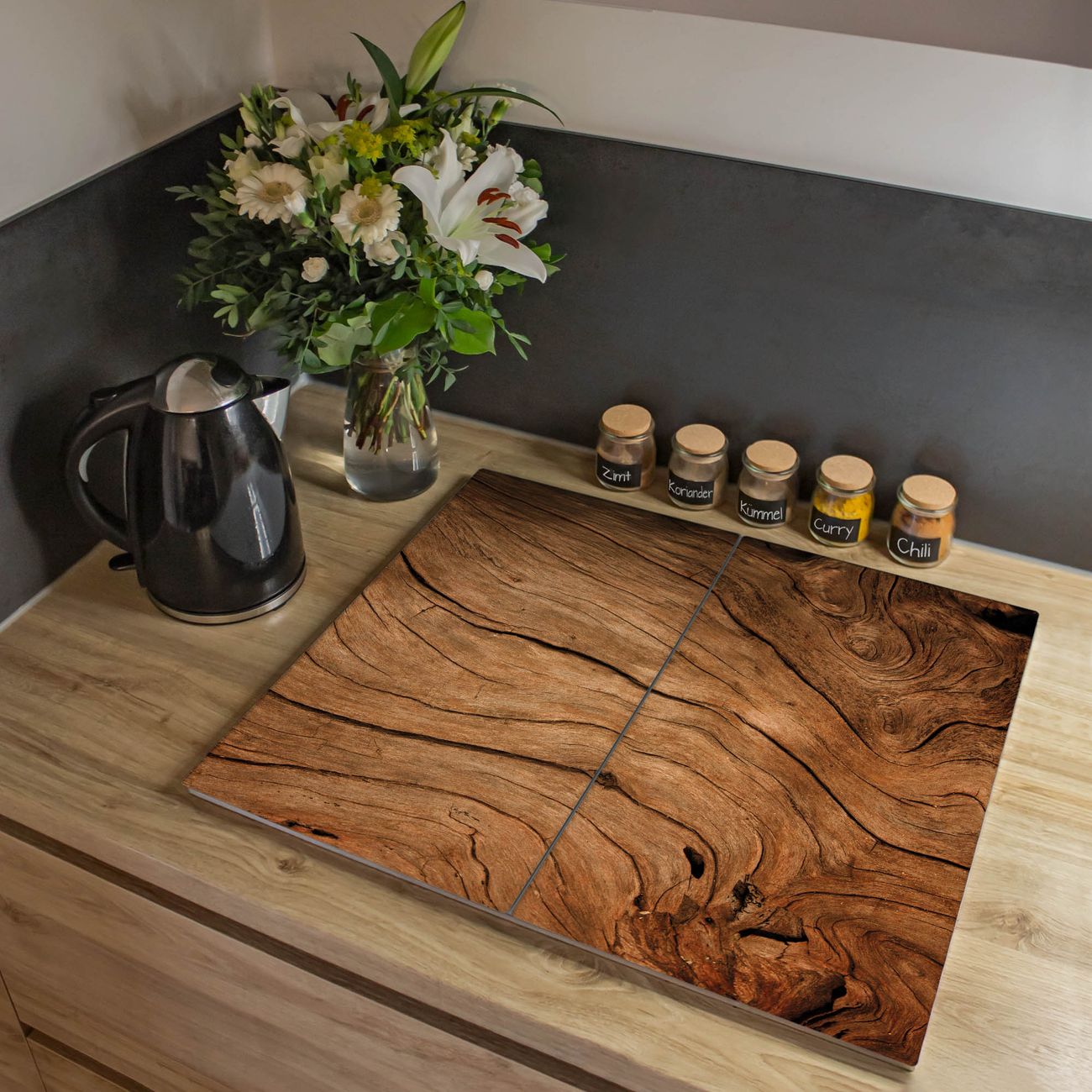 Herdabdeckplatte aus Glas Spritzschutz Herdabdeckung zweiteilig je 30x52cm mit Motiv Holzmaserung Glasabdeckung Schneidebrett Glasabdeckung Ceranfeld