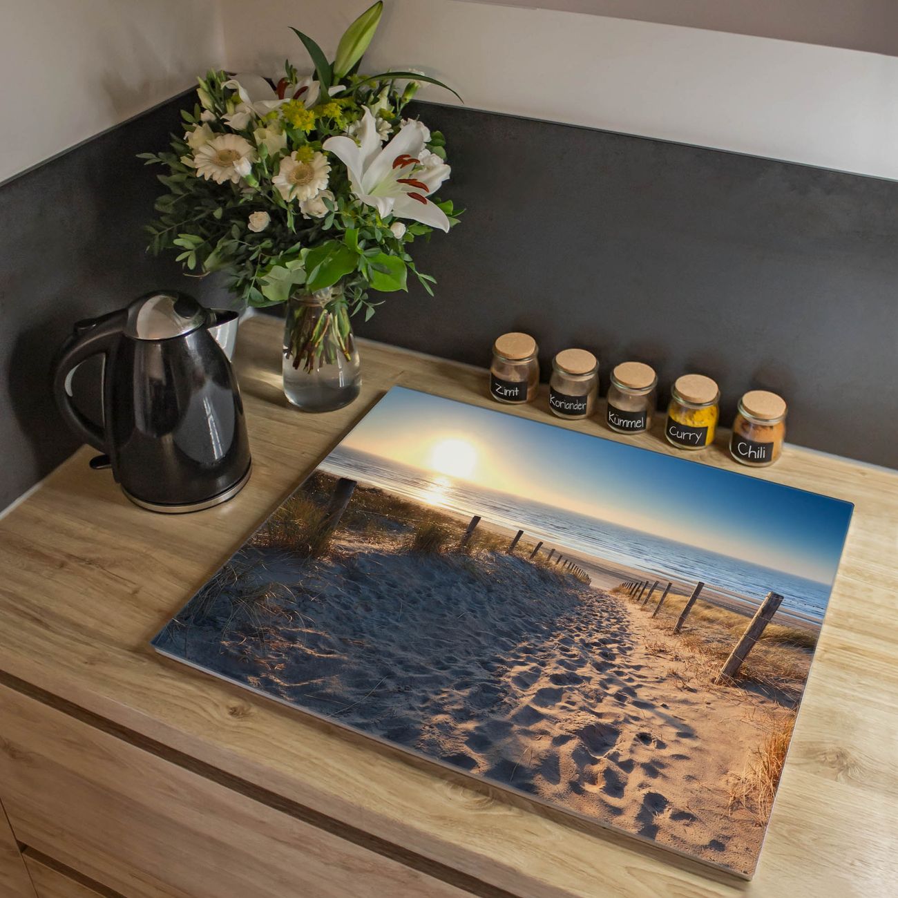 Herdabdeckplatte aus Glas Spritzschutz Herdabdeckung einteilig 60x52cm mit Motiv Nordseestrand Glasabdeckung Schneidebrett Glasabdeckung Ceranfeld