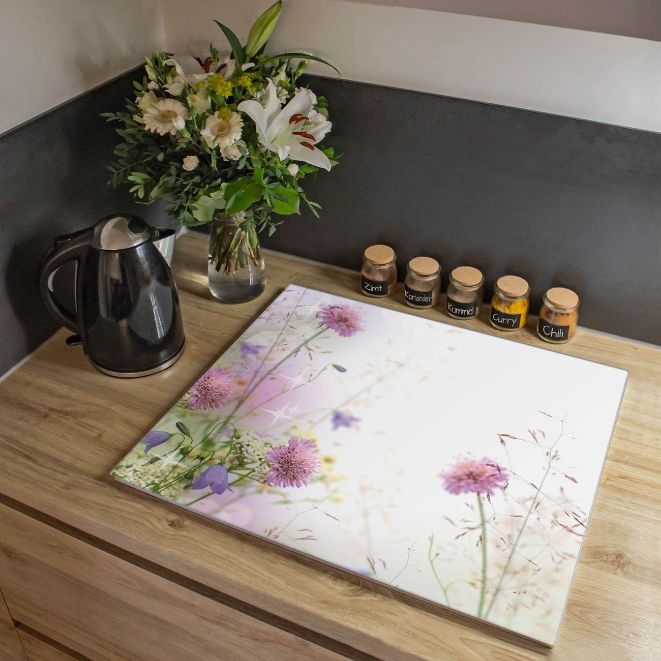 Herdabdeckplatte aus Glas Spritzschutz Herdabdeckung einteilig 60x52cm mit Motiv Wiese Blumen Glasabdeckung Schneidebrett Glasabdeckung Ceranfeld