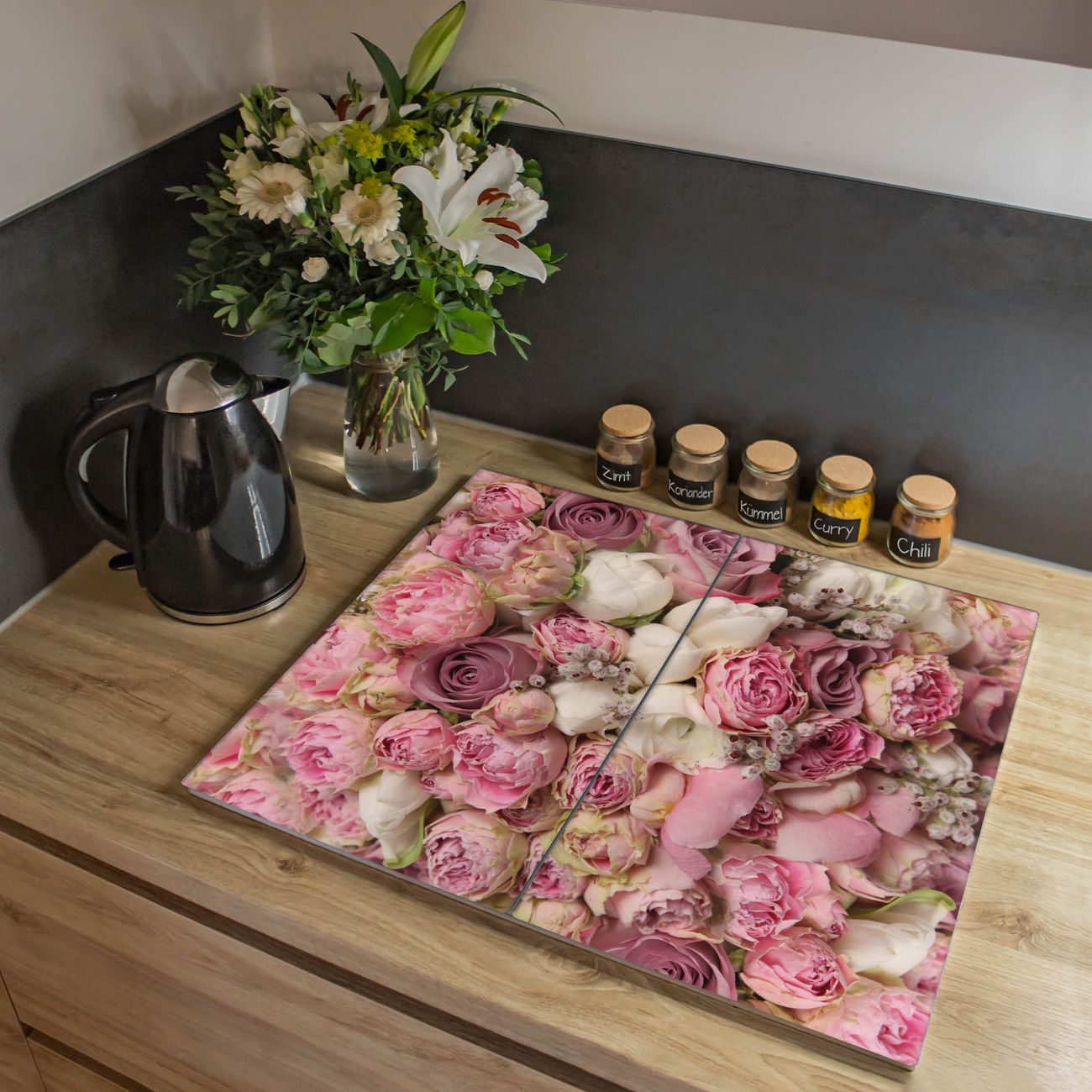 Herdabdeckplatte aus Glas Spritzschutz Herdabdeckung zweiteilig je 30x52cm mit Motiv Strauss Rosen Glasabdeckung Schneidebrett Glasabdeckung Ceranfeld
