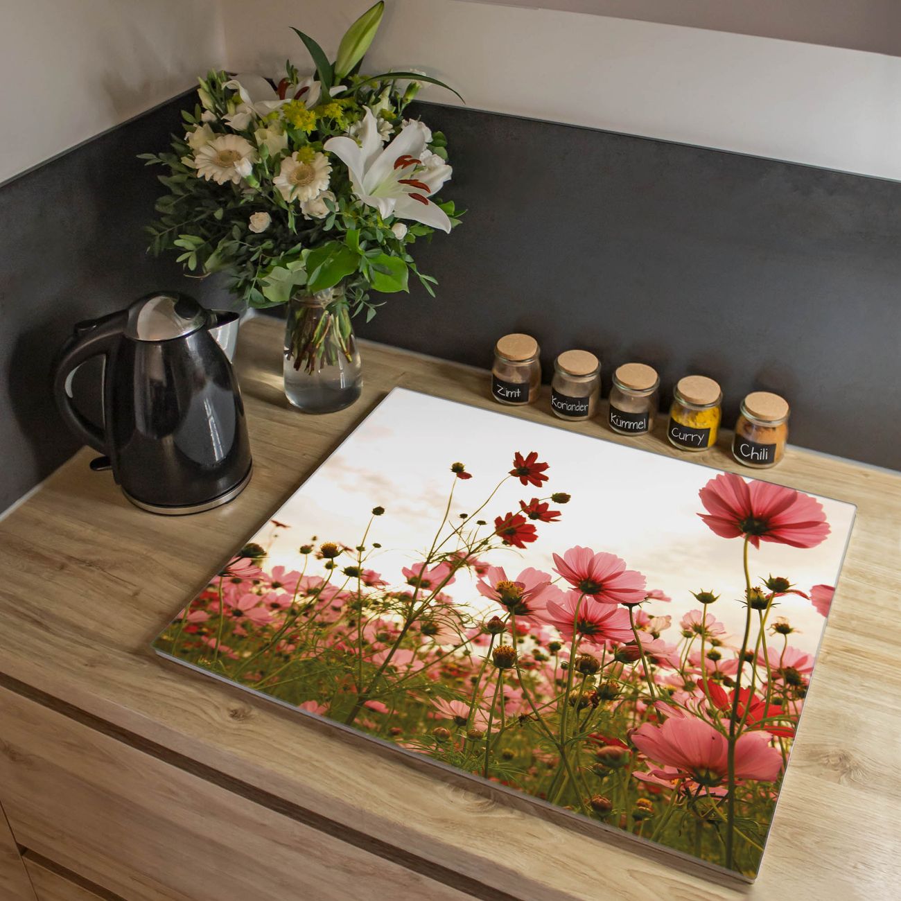 Herdabdeckplatte aus Glas Spritzschutz Herdabdeckung einteilig 60x52cm mit Motiv Schmuckkörbchen Glasabdeckung Schneidebrett Glasabdeckung Ceranfeld