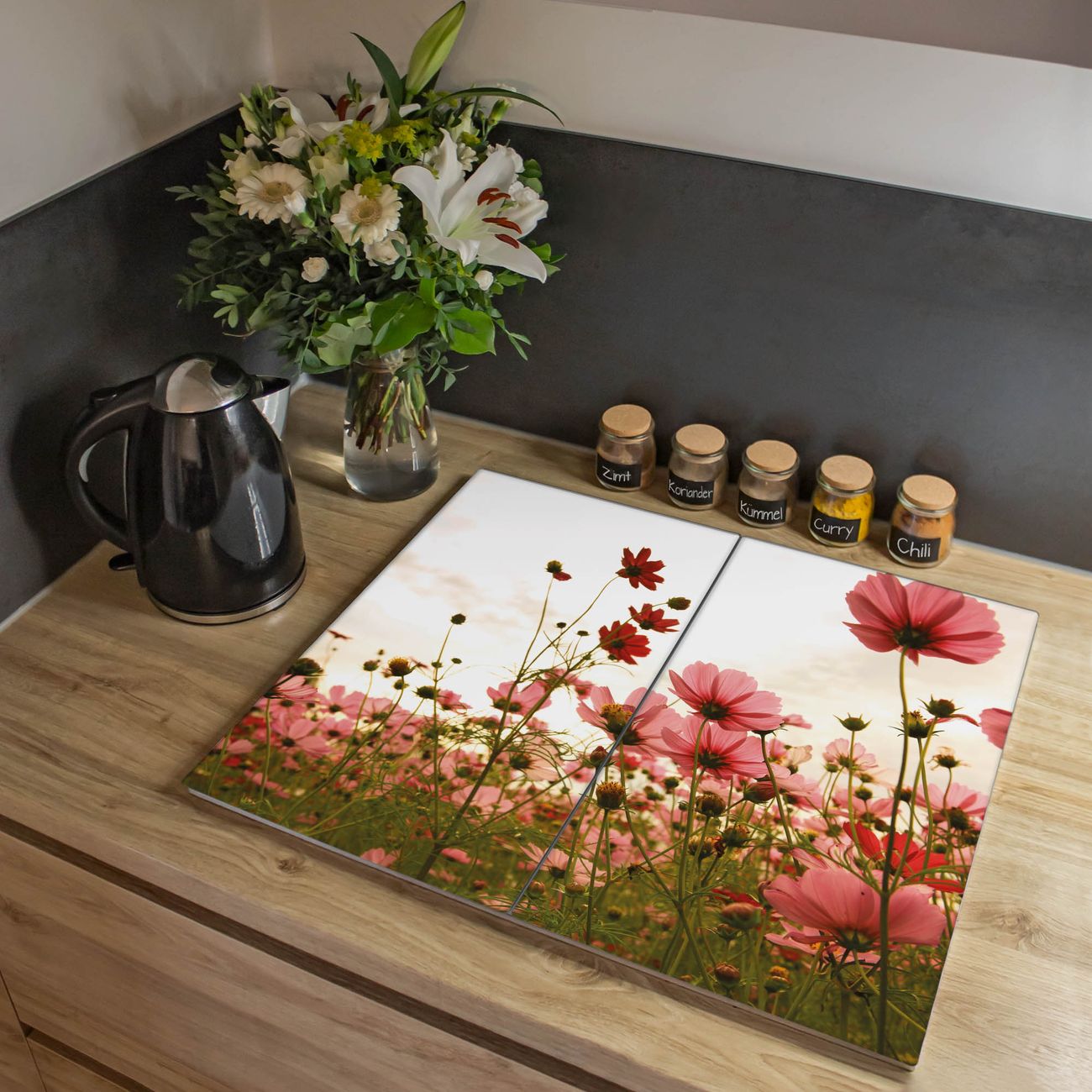 Herdabdeckplatte aus Glas Spritzschutz Herdabdeckung zweiteilig je 30x52cm mit Motiv Schmuckkörbchen Glasabdeckung Schneidebrett Glasabdeckung Ceranfeld