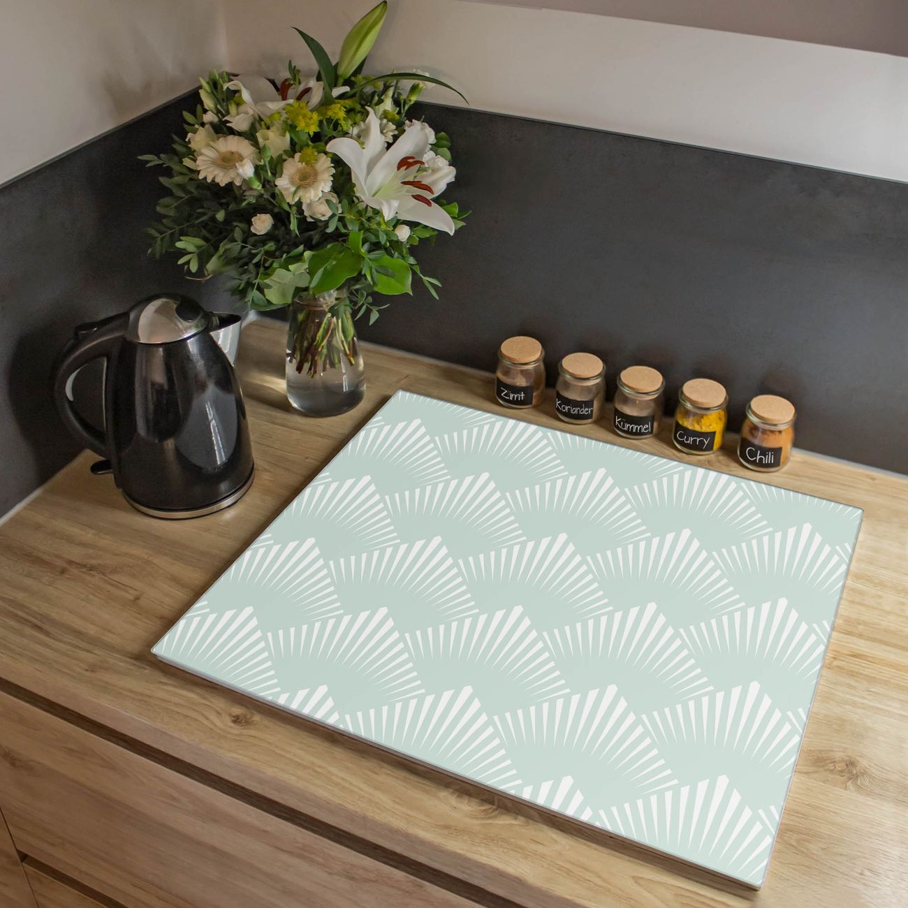Herdabdeckplatte aus Glas Spritzschutz Herdabdeckung einteilig 60x52cm mit Motiv Strahlen Mint Glasabdeckung Schneidebrett Glasabdeckung Ceranfeld